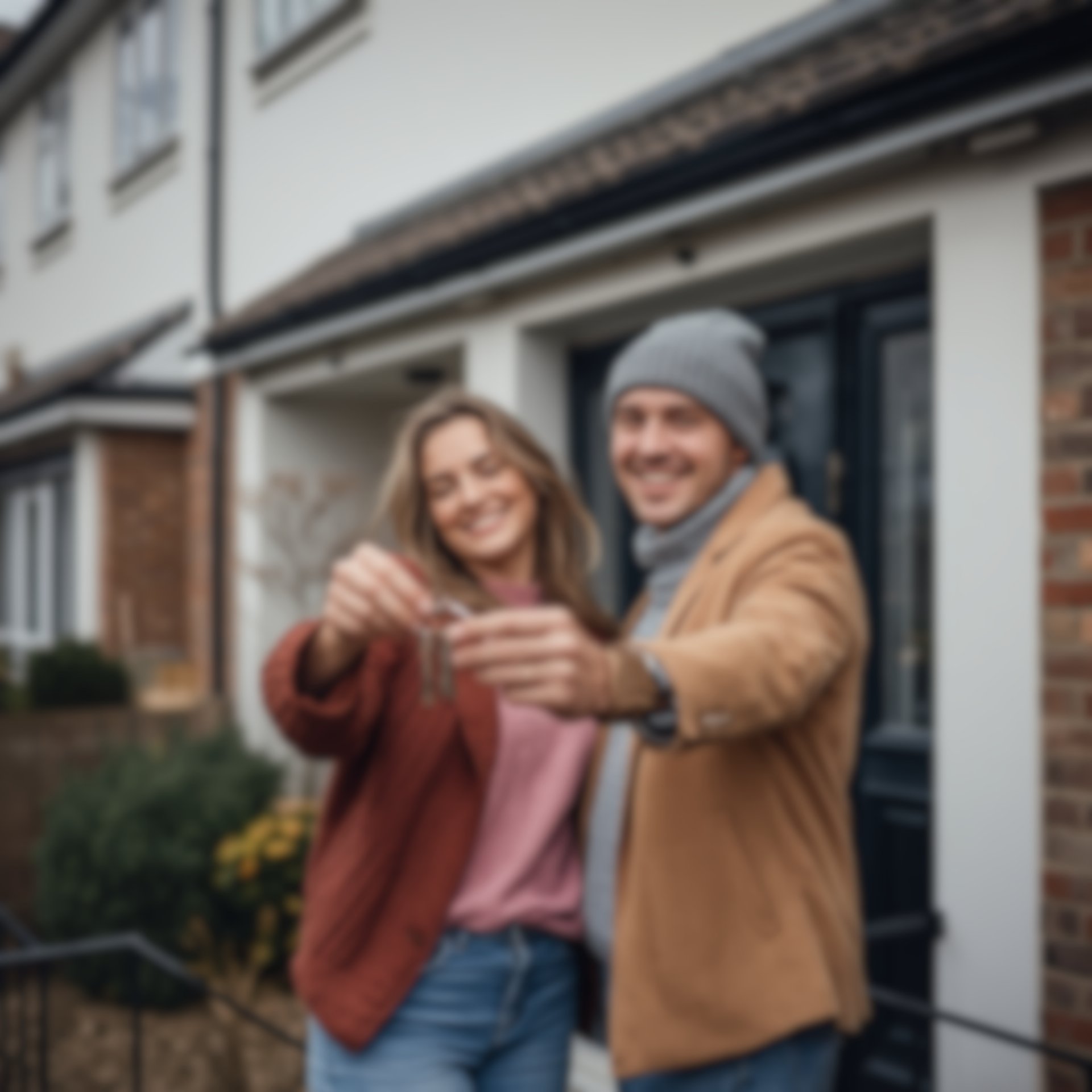 Couple carrying moving boxes and plant