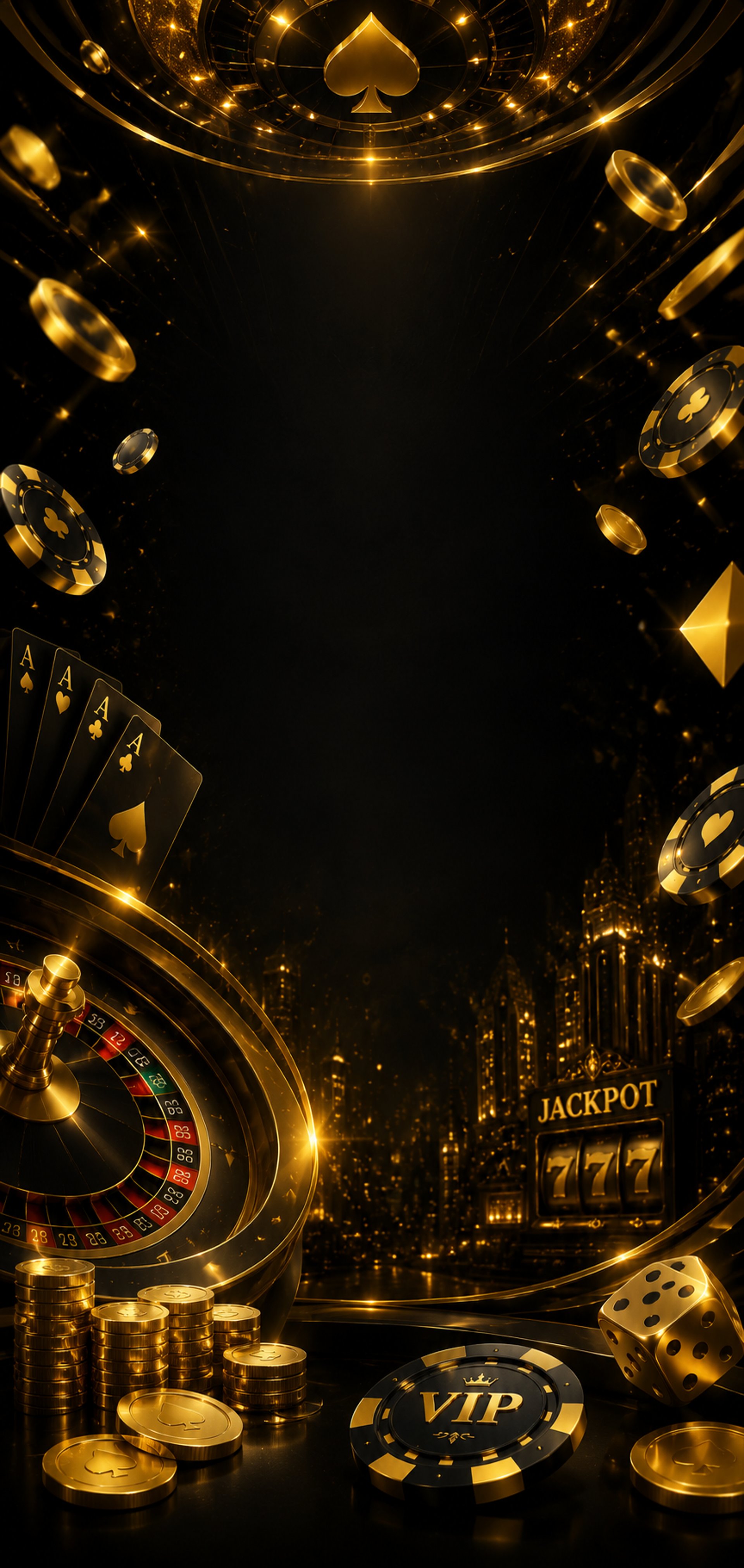 Luxury black-and-gold casino background with roulette wheel, poker chips, playing cards, dice, coins, glowing light.
