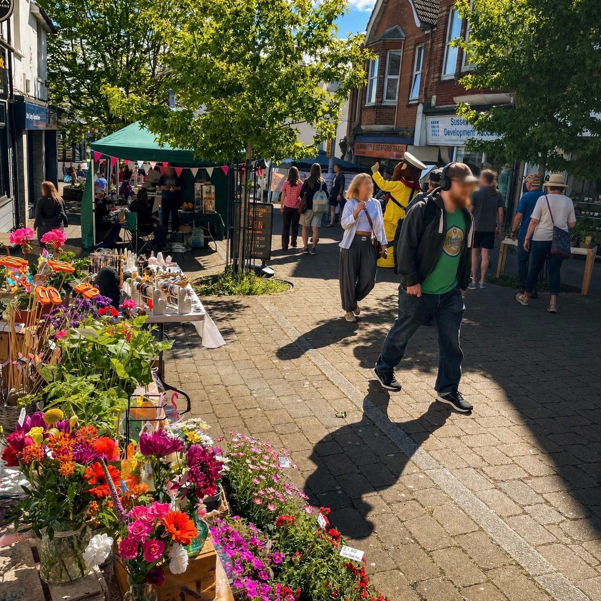 Customer buying fresh fruit and vegetables from a local trader at Newhaven Street Market in East Sussex