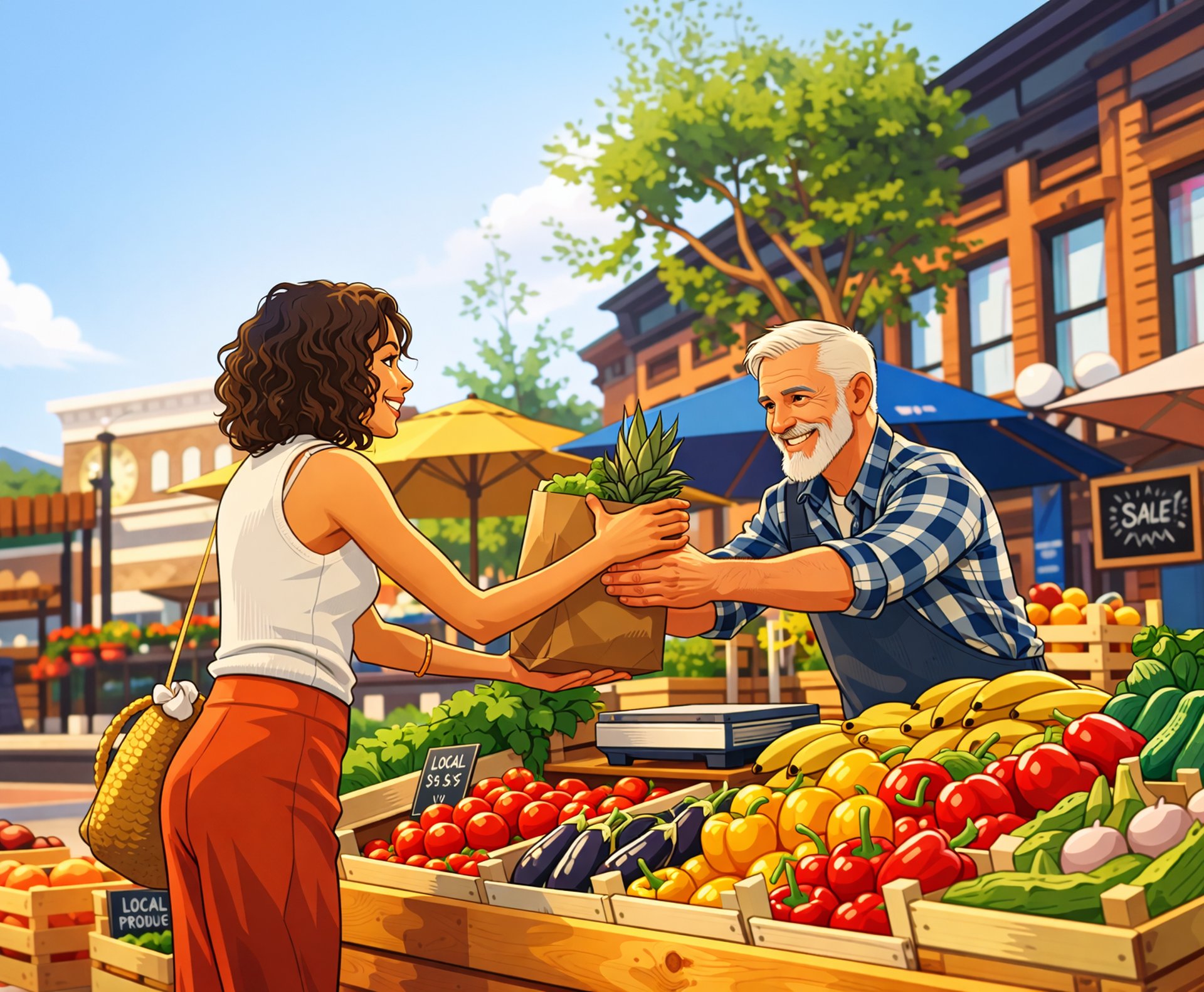 Customer buying fresh fruit and vegetables from a local trader at Newhaven Street Market in East Sussex