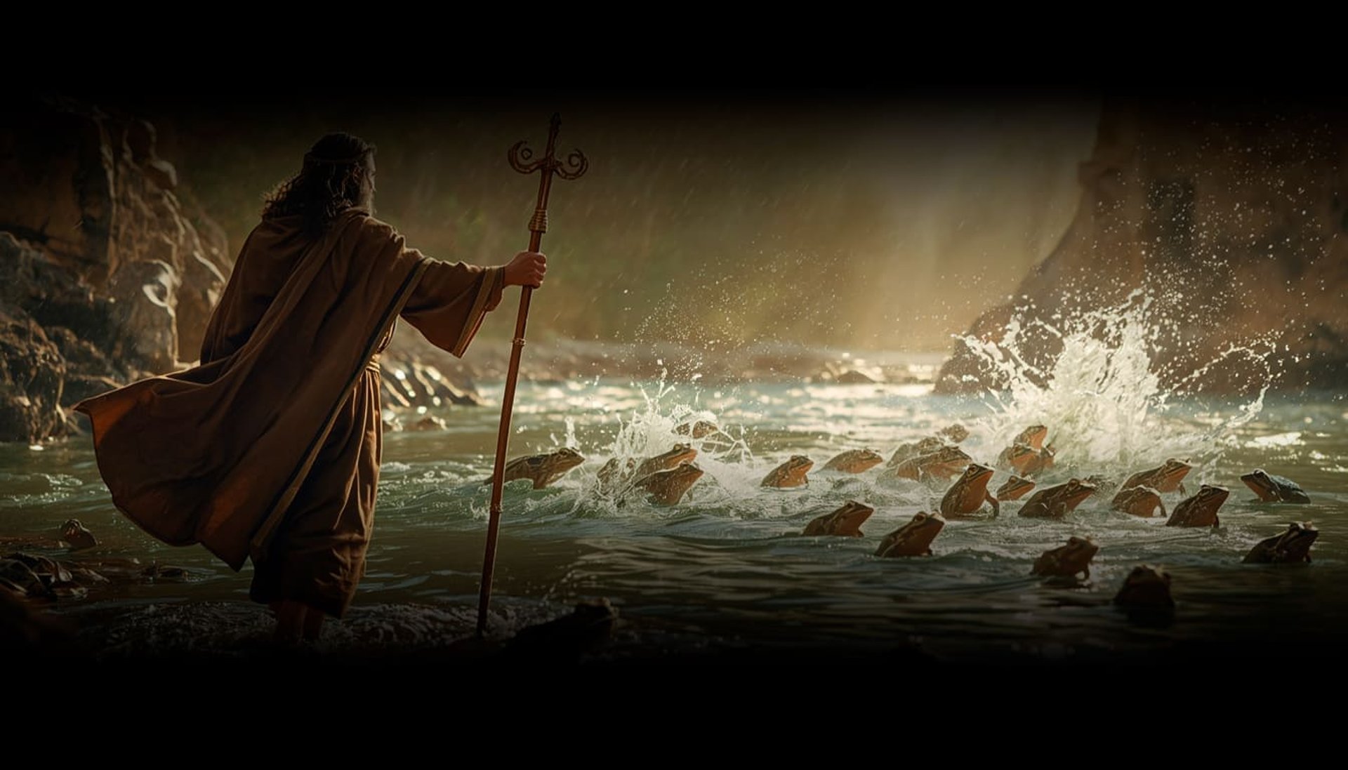 Moisés haciendo salir ranas del río