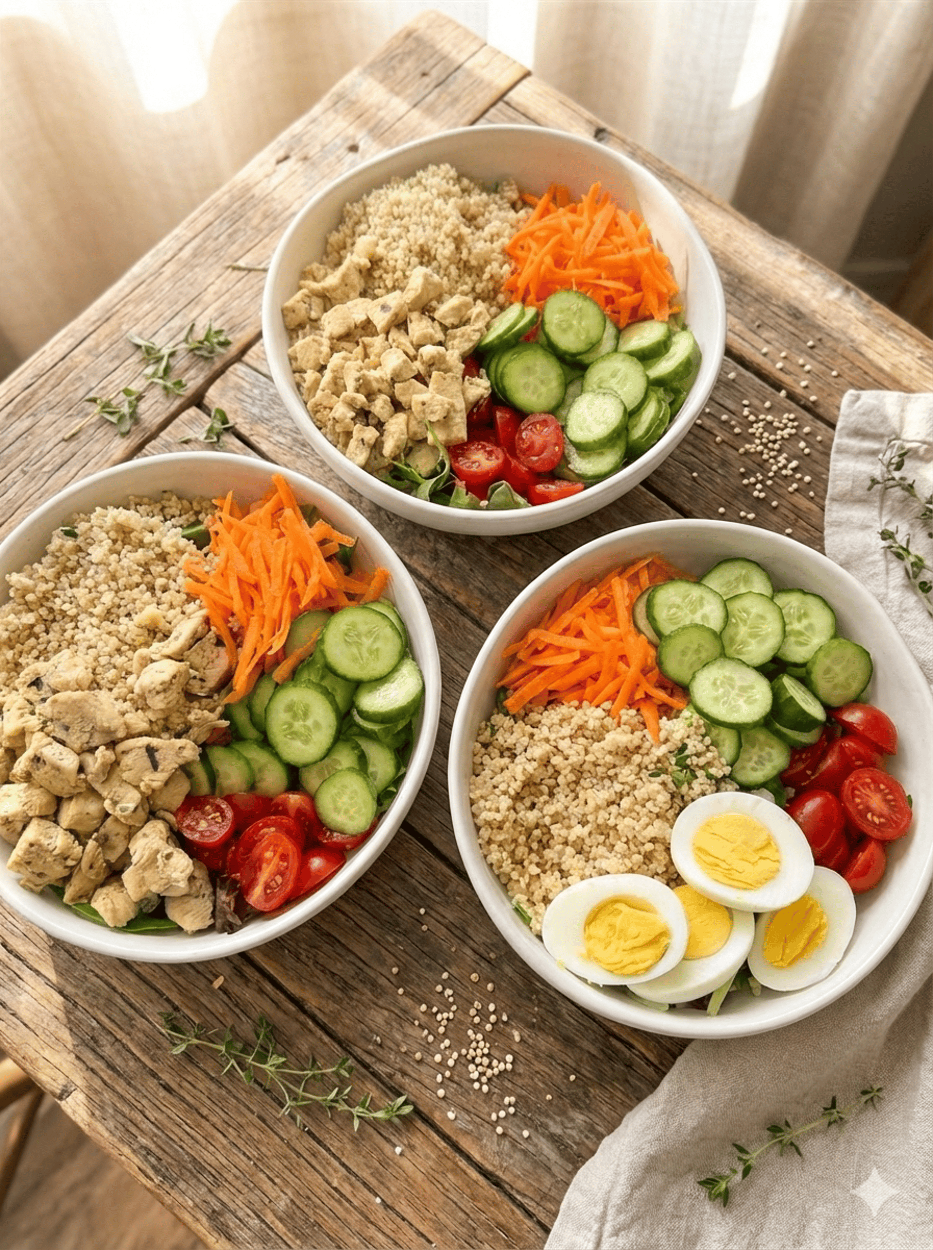 Bowls se ensaladas con quinoa, pollo, huevo y verduras frescas