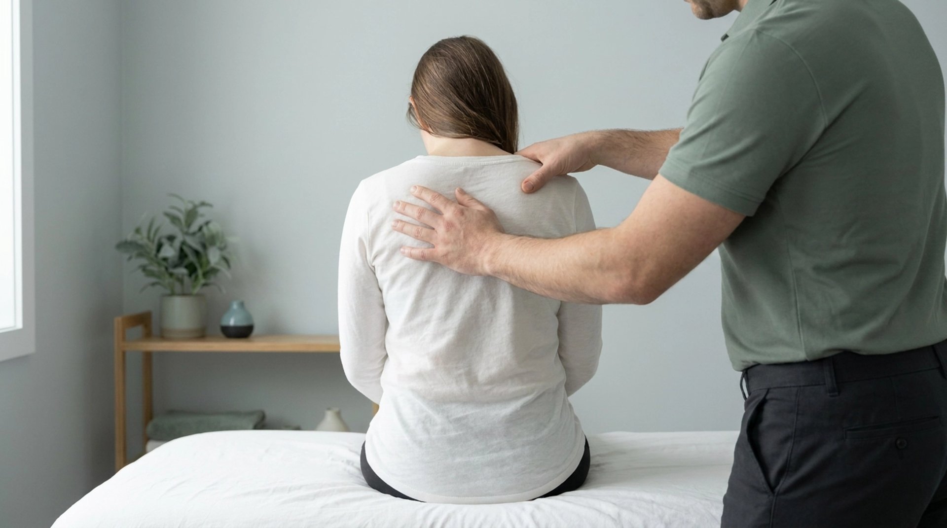 Close up of manual osteopathy treatment being performed on a patient's back in a clinical setting.