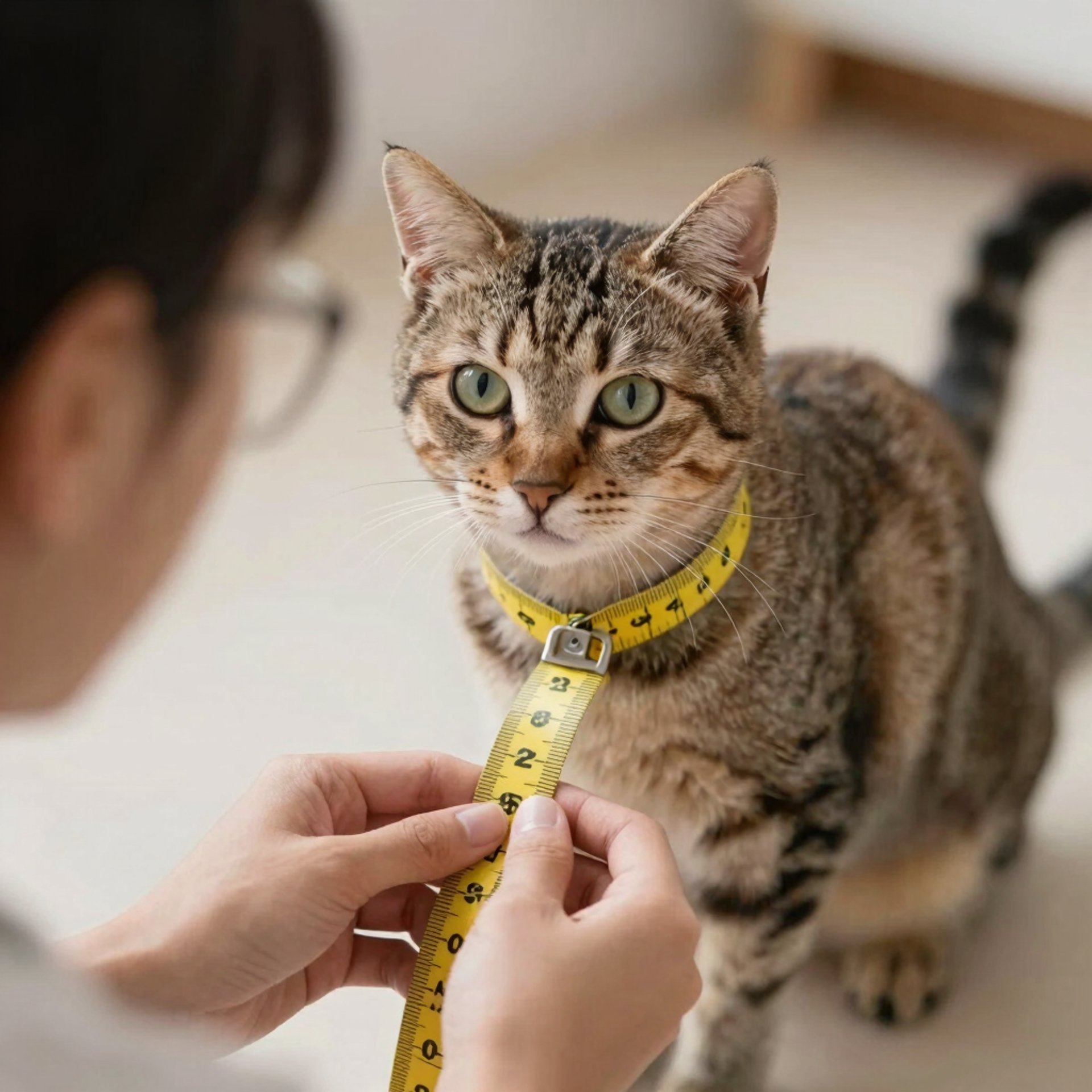 Persona con cinta métrica tomándole las medidas a un gatito