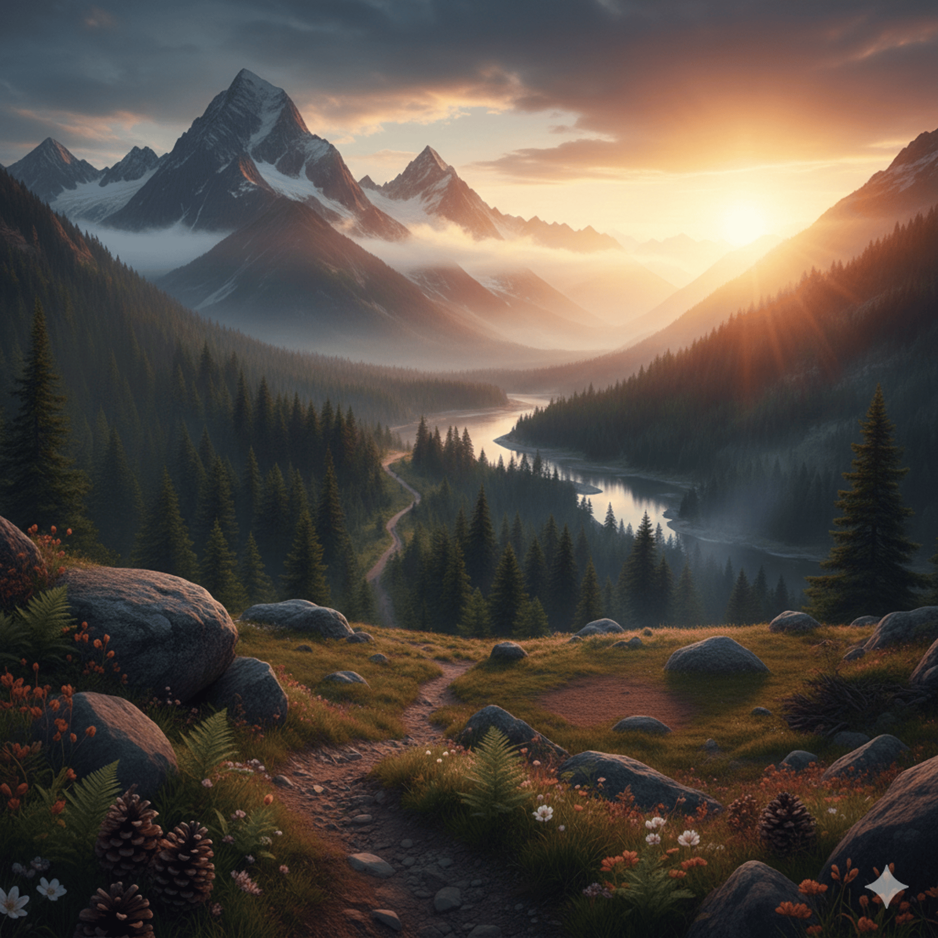 Sun Rising Behind Mountain Range With Hiking Trail Leading Into The Valley.