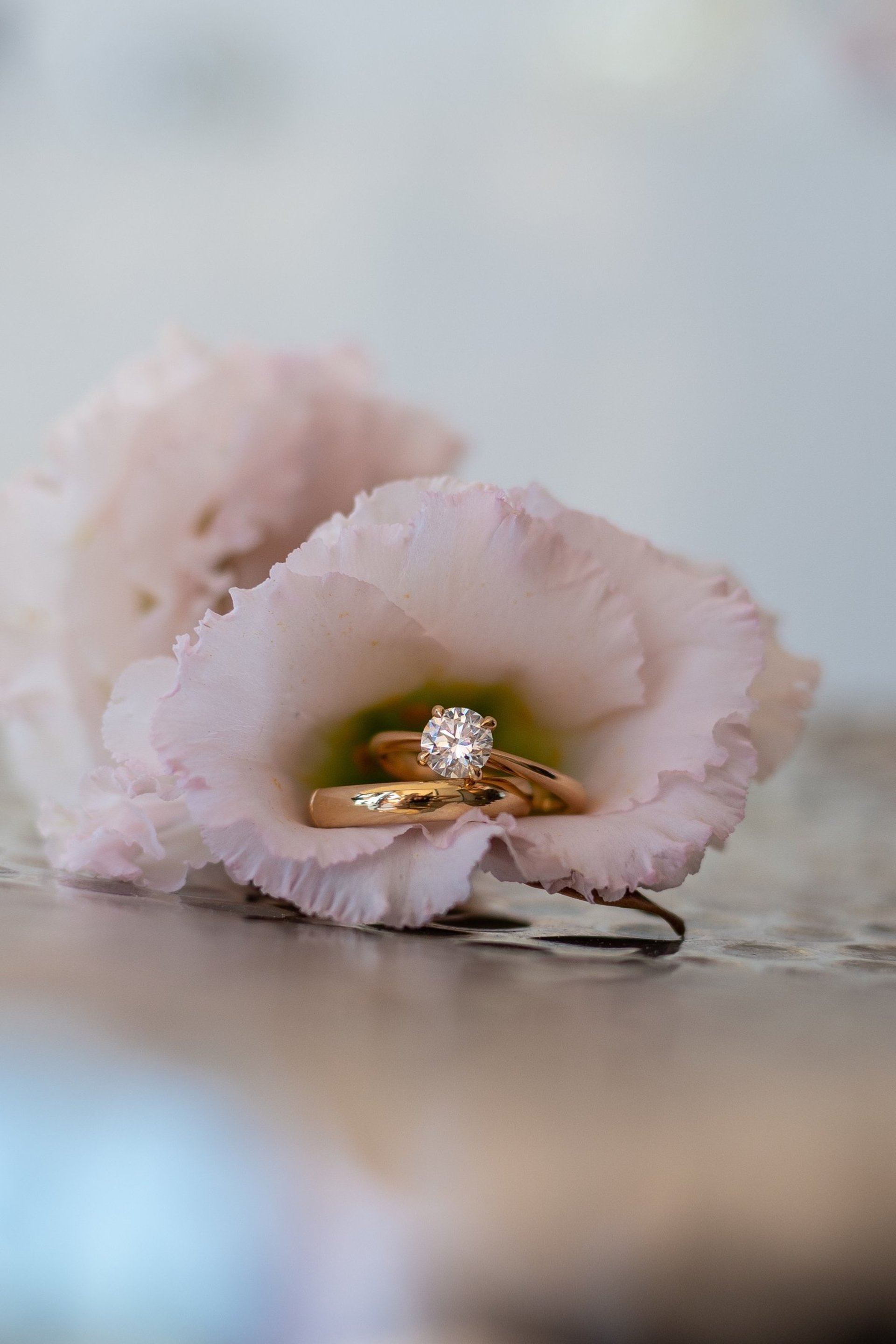 Shooting mariage Bel Amour Wedding, photo d'un solitaire ainsi qu'une alliance dorées dans les pétales d'une fleur