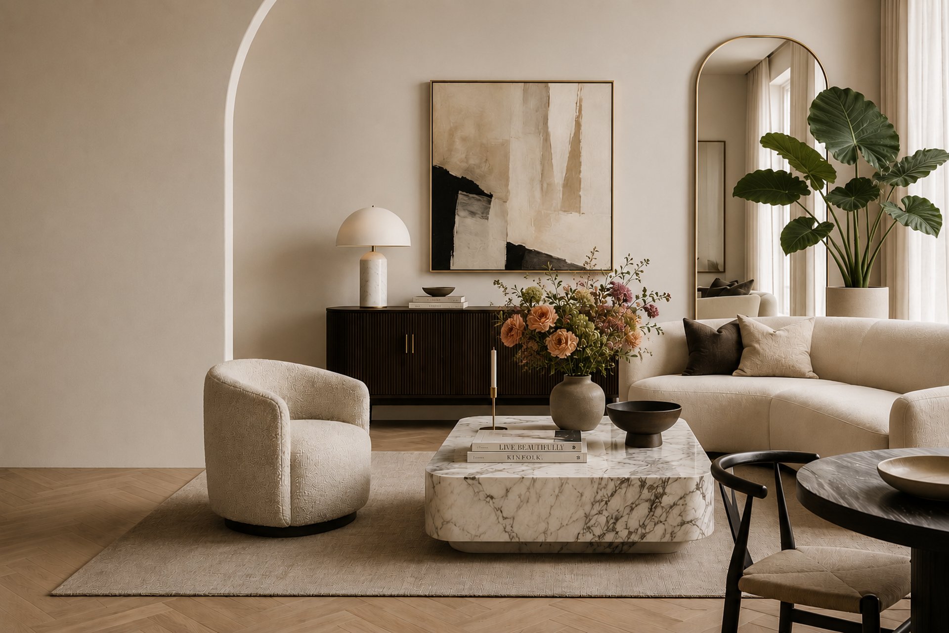 Luxury living room with curved sofa, marble coffee table, colourful flowers and statement Colocasia plant.
