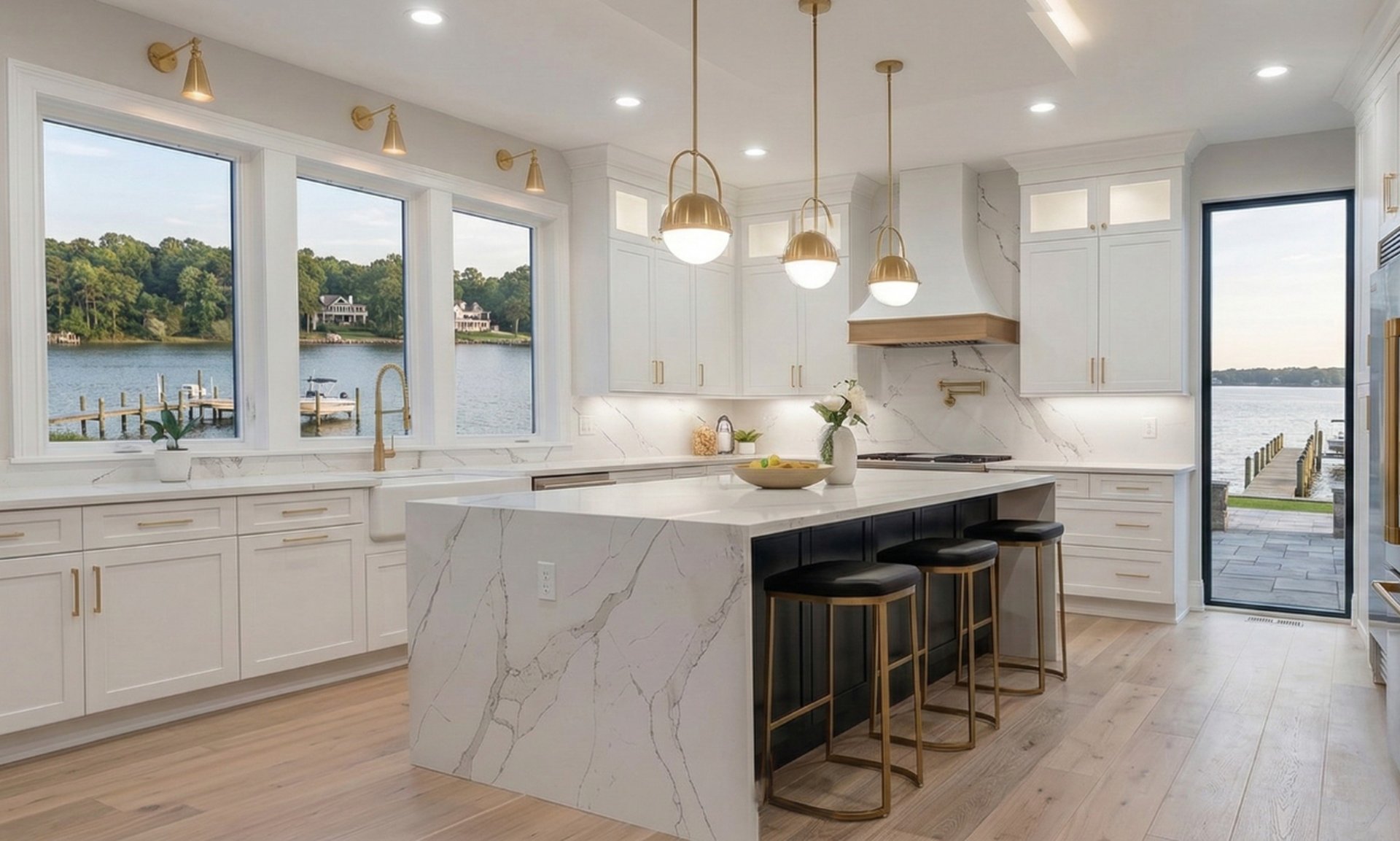 Kitchen remodel Virginia Beach: Luxury waterfront design with quartz island and gold accents by Jesus Echeverri Solutions.