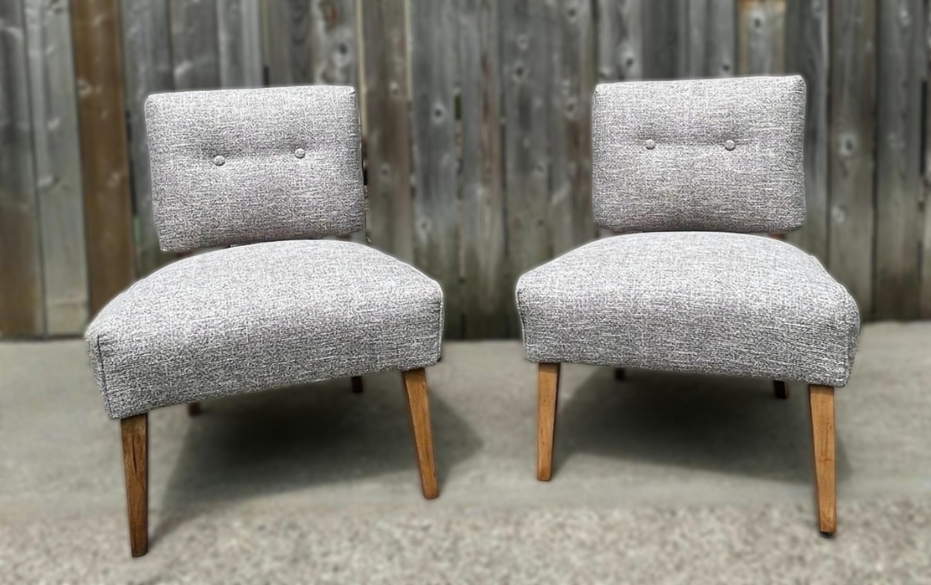 MCM slipper chairs in grey tweed fabric
