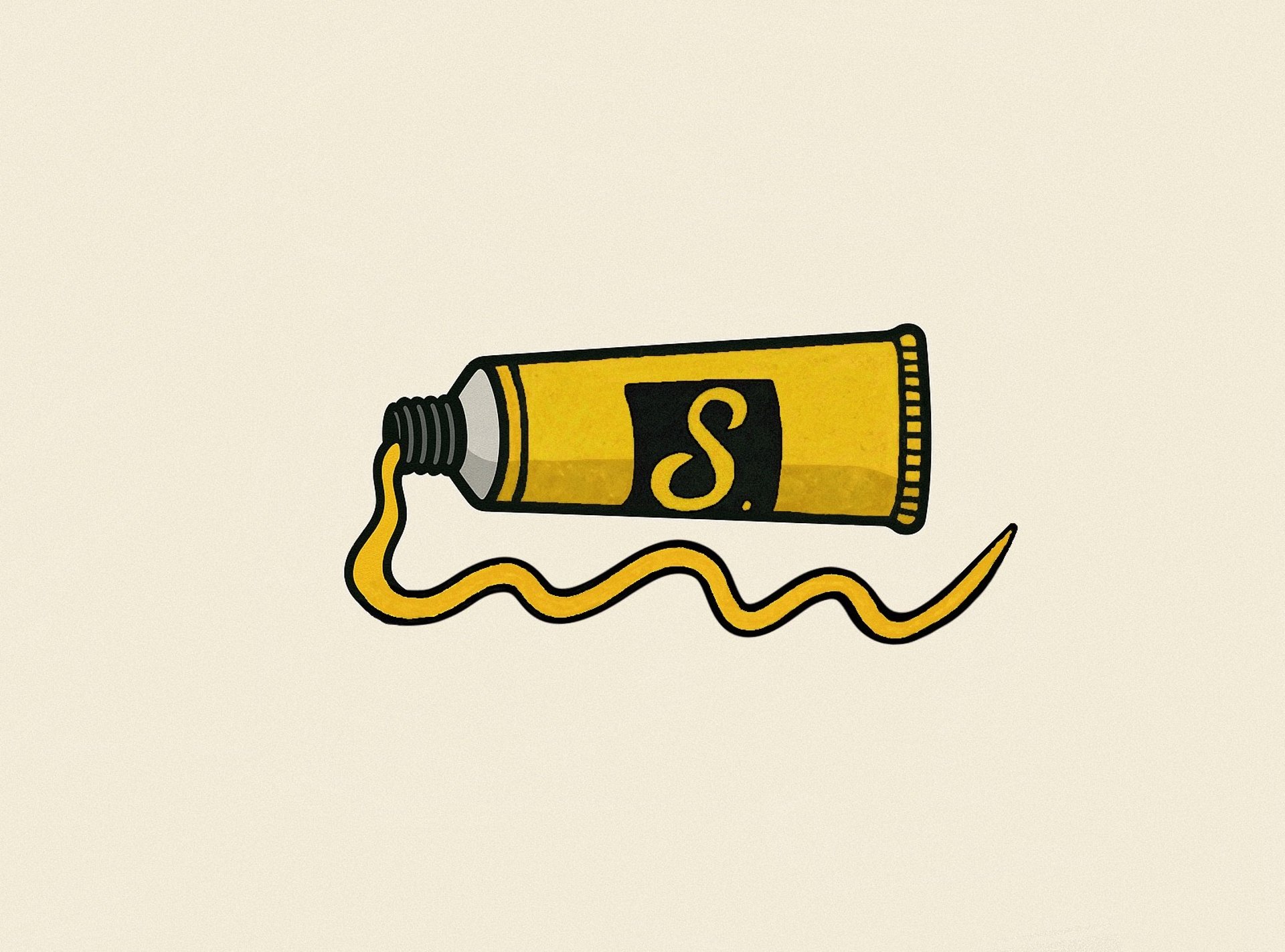 Żółta odkręcona tubka kleju, z której wylewa się żółty klej tworząc szlaczek