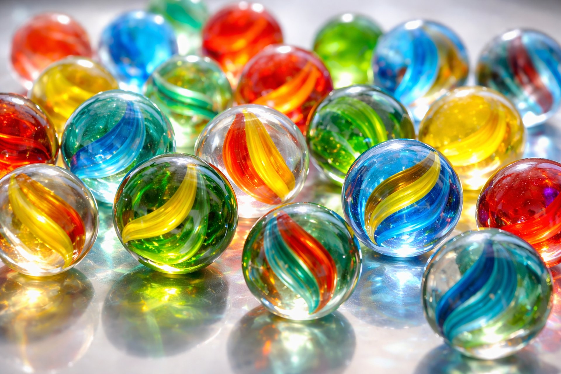 Brightly colored glass marbles on a shiny surface