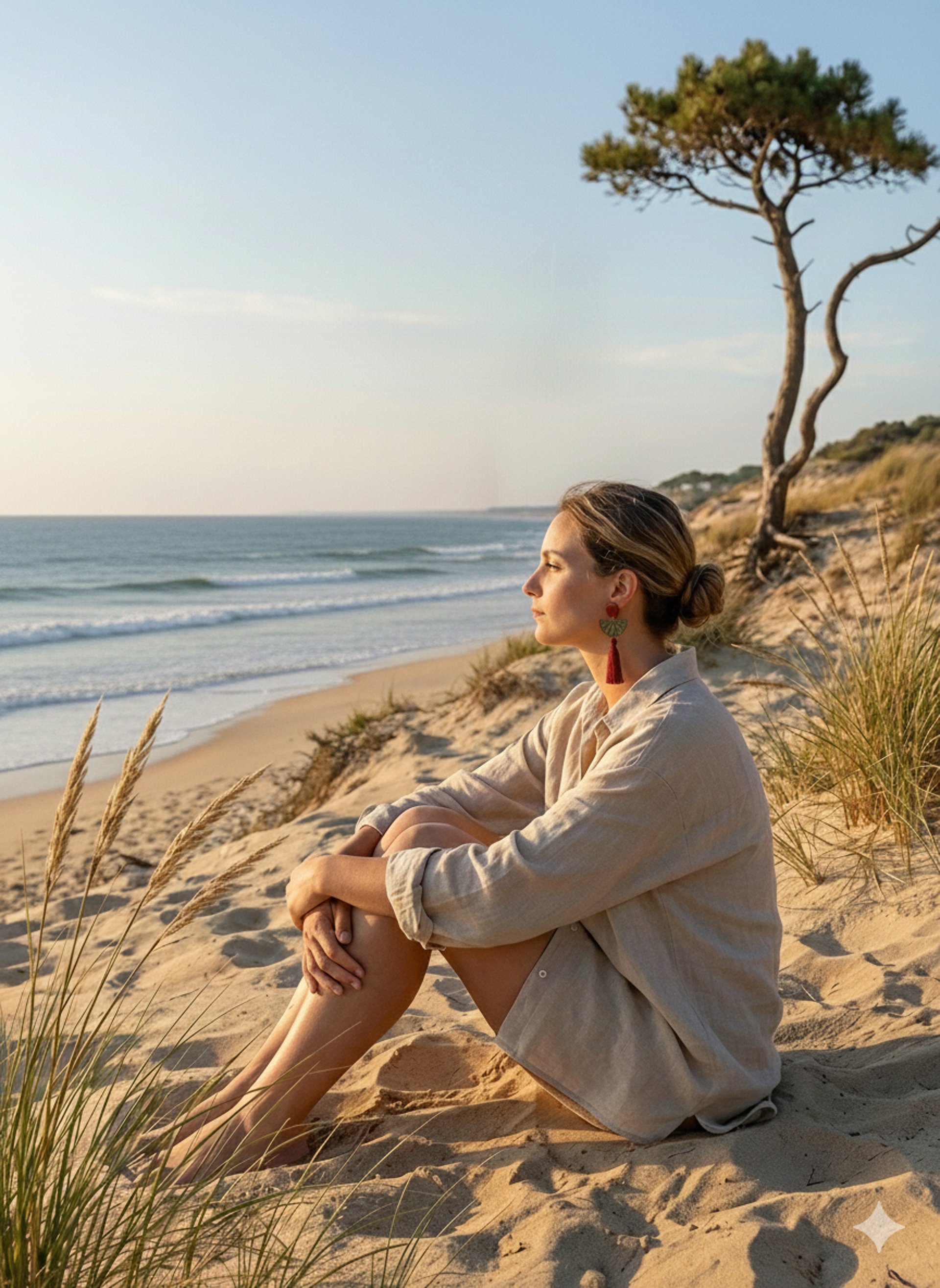 Femme assise sur le sable regardant le soleil au dessus de la mer. Elle porte des boucles d'oreille Maison Arlène