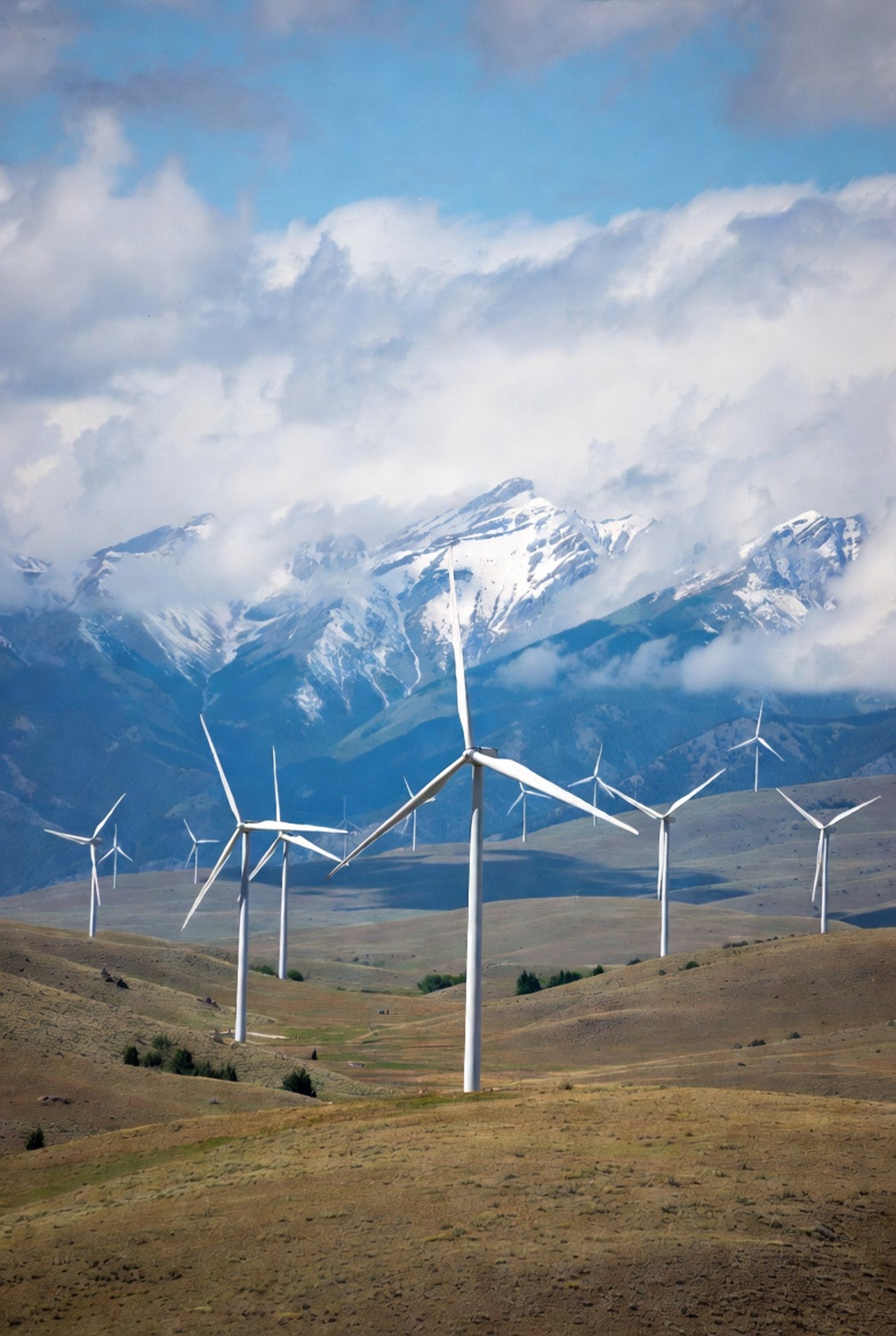 a group of wind turbines in a green field