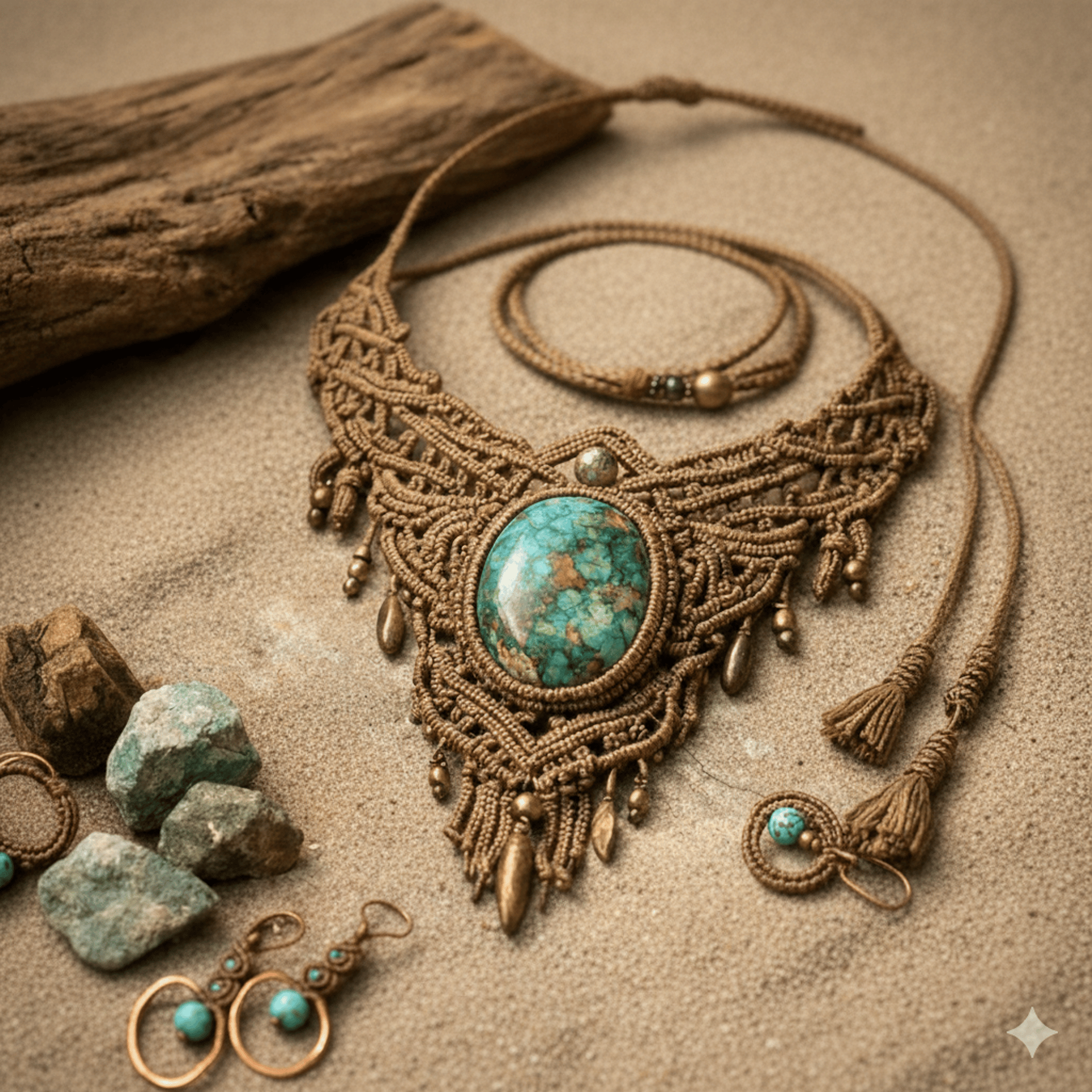 Collar de macramé con piedra turquesa sobre arena.