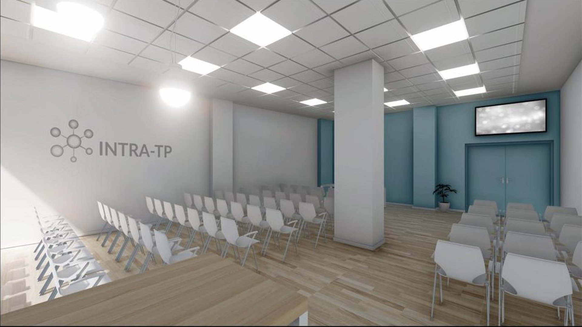 Modern office lobby with large windows and plants.