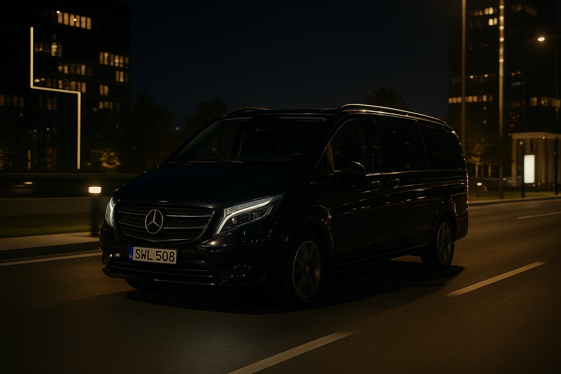 A car parked on the side of the road at night