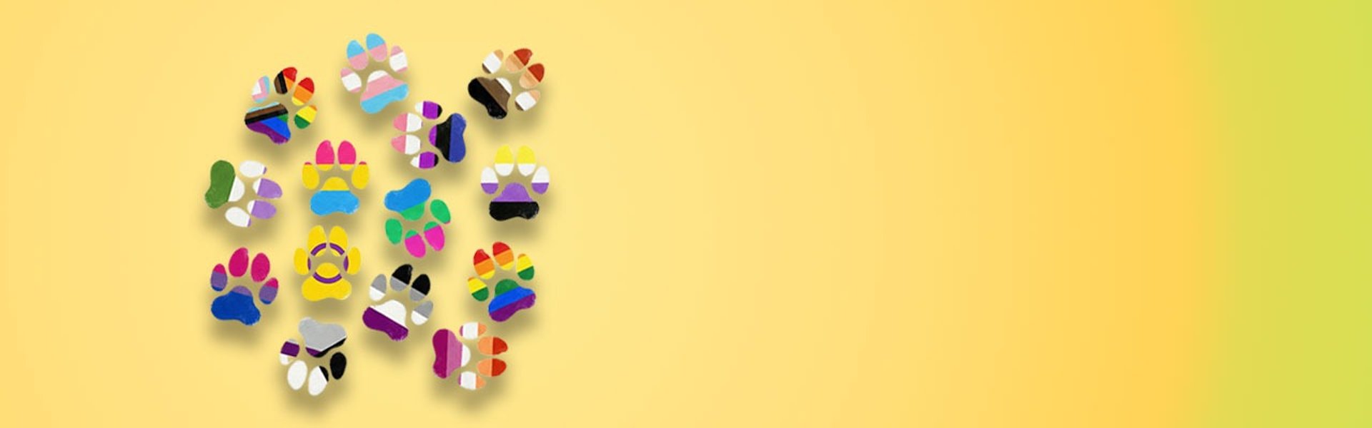 Colourful pride paw prints forming a heart shape on a pastel gradient background — Flamingay Pride Pets artwork.