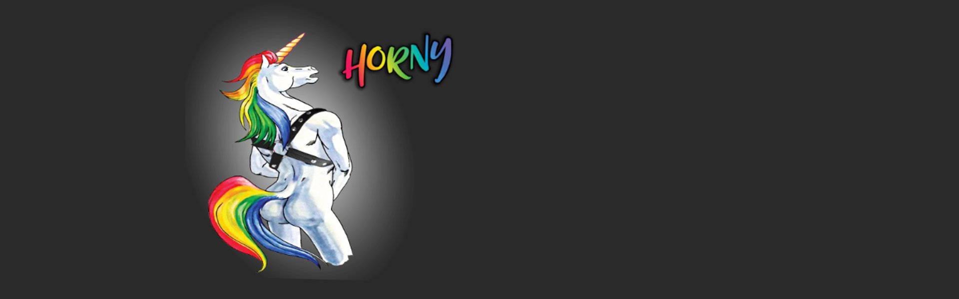 Rainbow-haired unicorn illustration striking a cheeky pose against a dark background — Flamingay Horny Unicorn artwork.