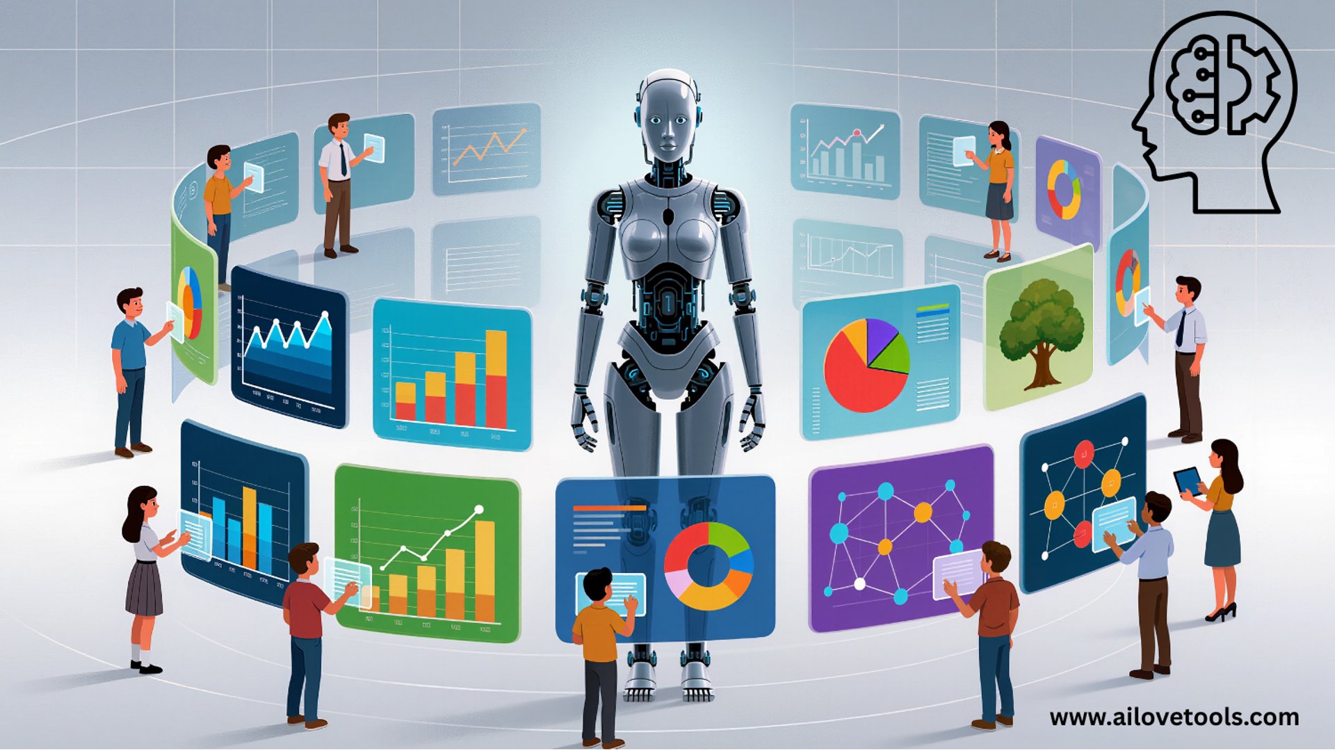 a group of white robots sitting on top of laptops