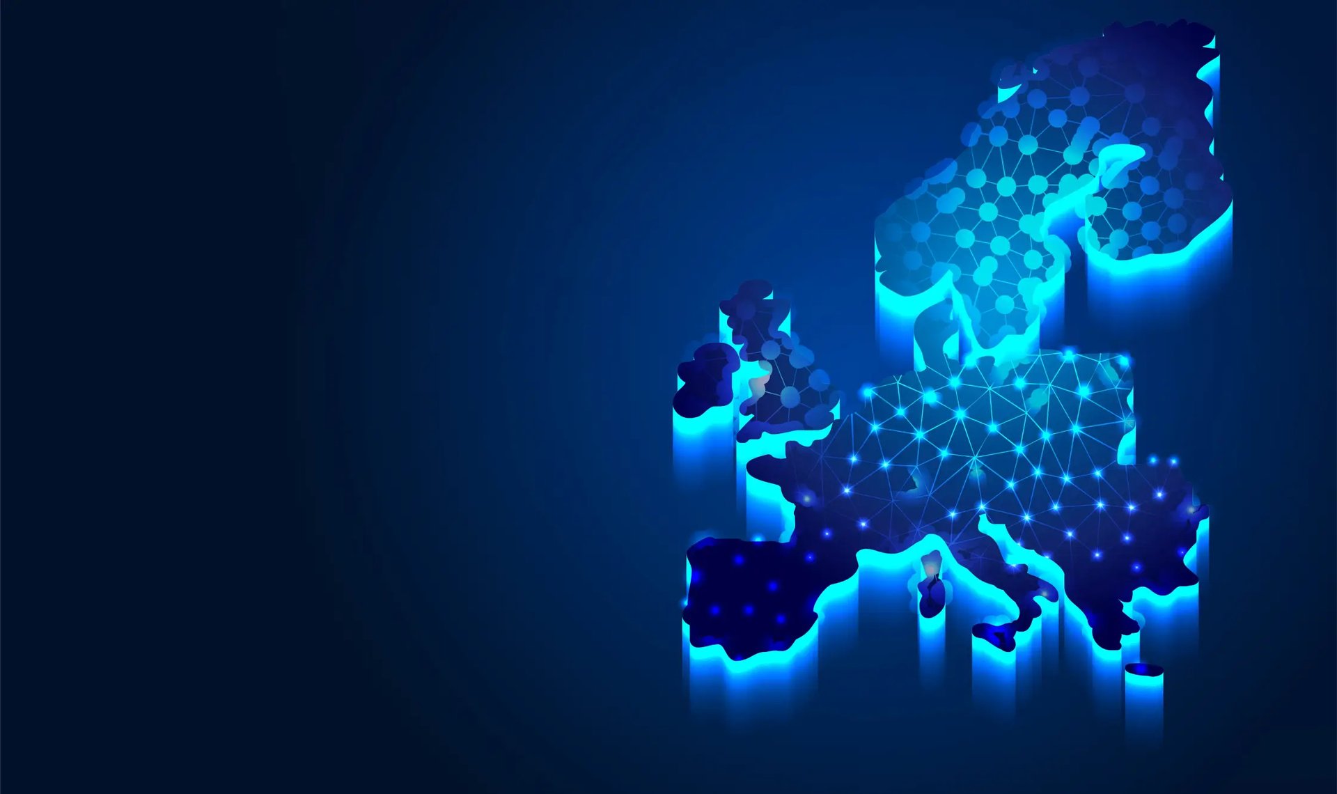 Glowing blue digital map of Europe with network connection points representing EU business reach