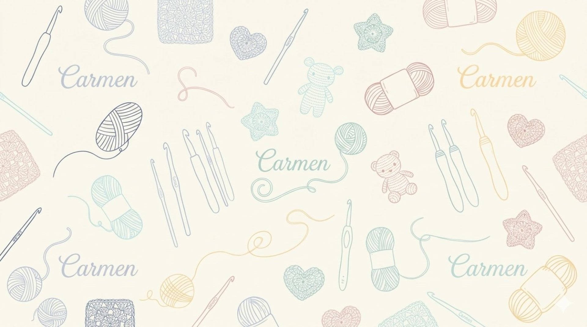 Fondo de marca ilustrado con patrón de ovillos de lana, agujas de crochet y el nombre Carmen en tonos pastel.