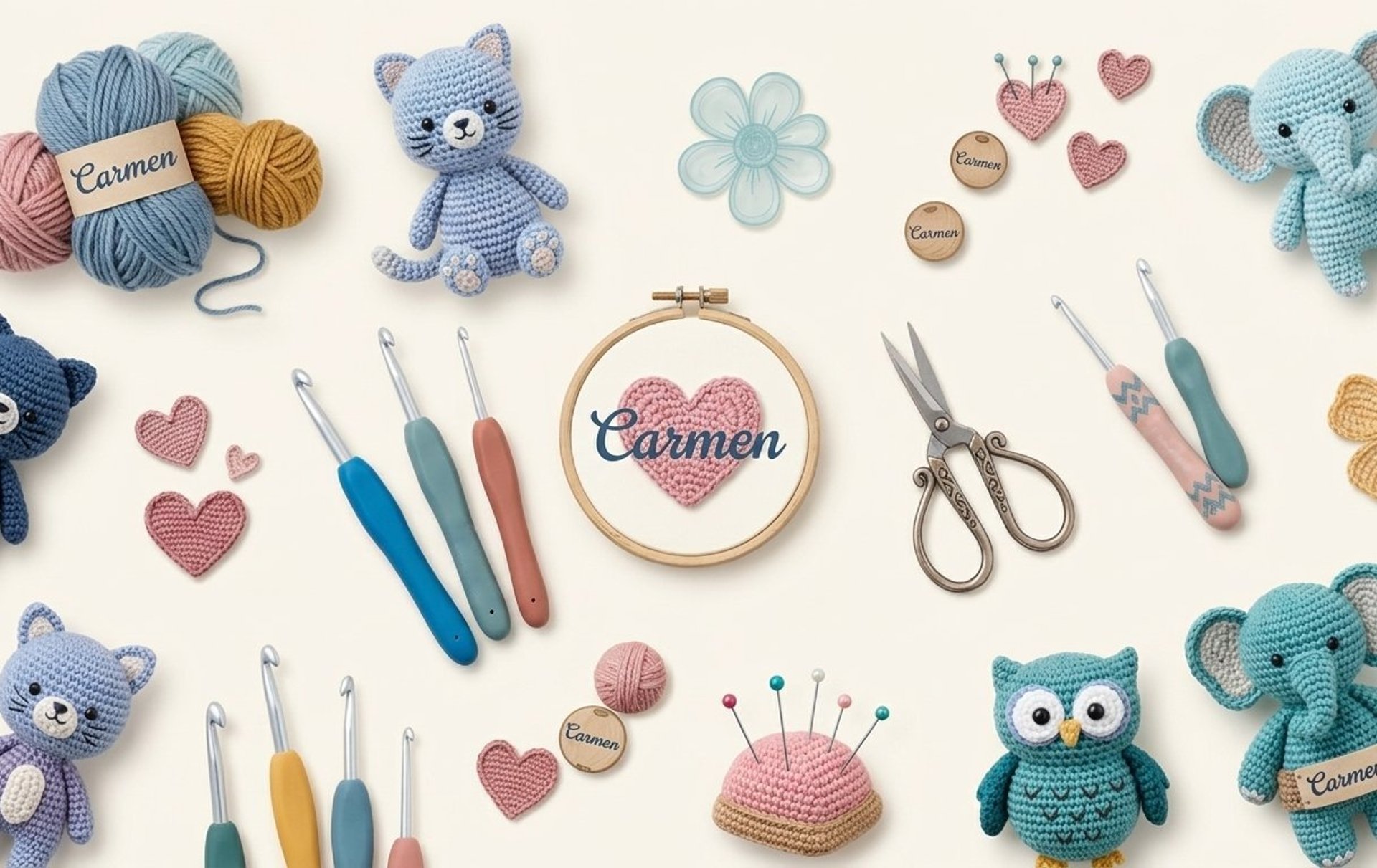 Vista cenital de materiales para ganchillo que incluye animales de amigurumi, hilo y ganchos de ganchillo 