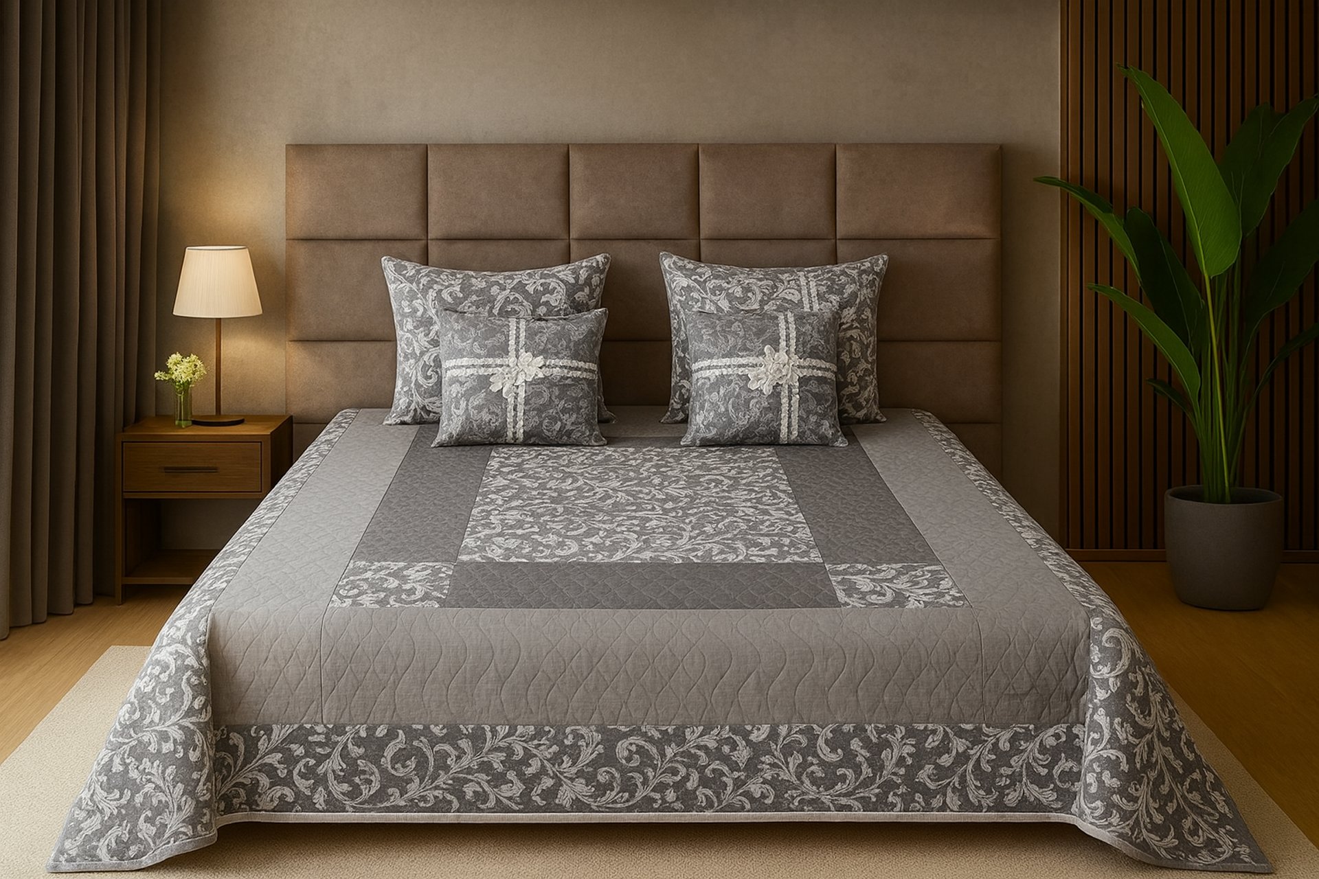 A bed with a white comforter and pillows