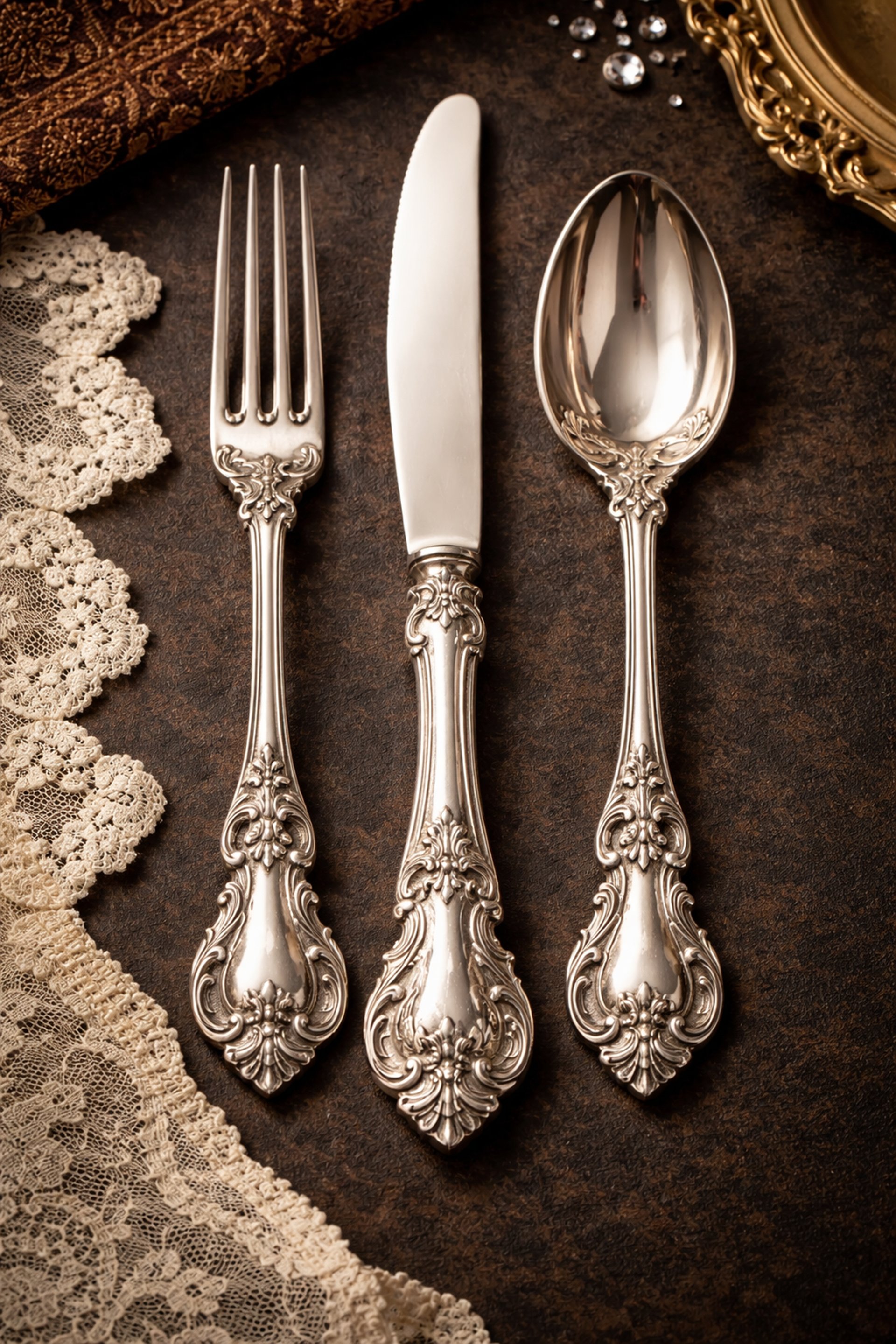 A collection of silverware and cutlery arranged neatly.