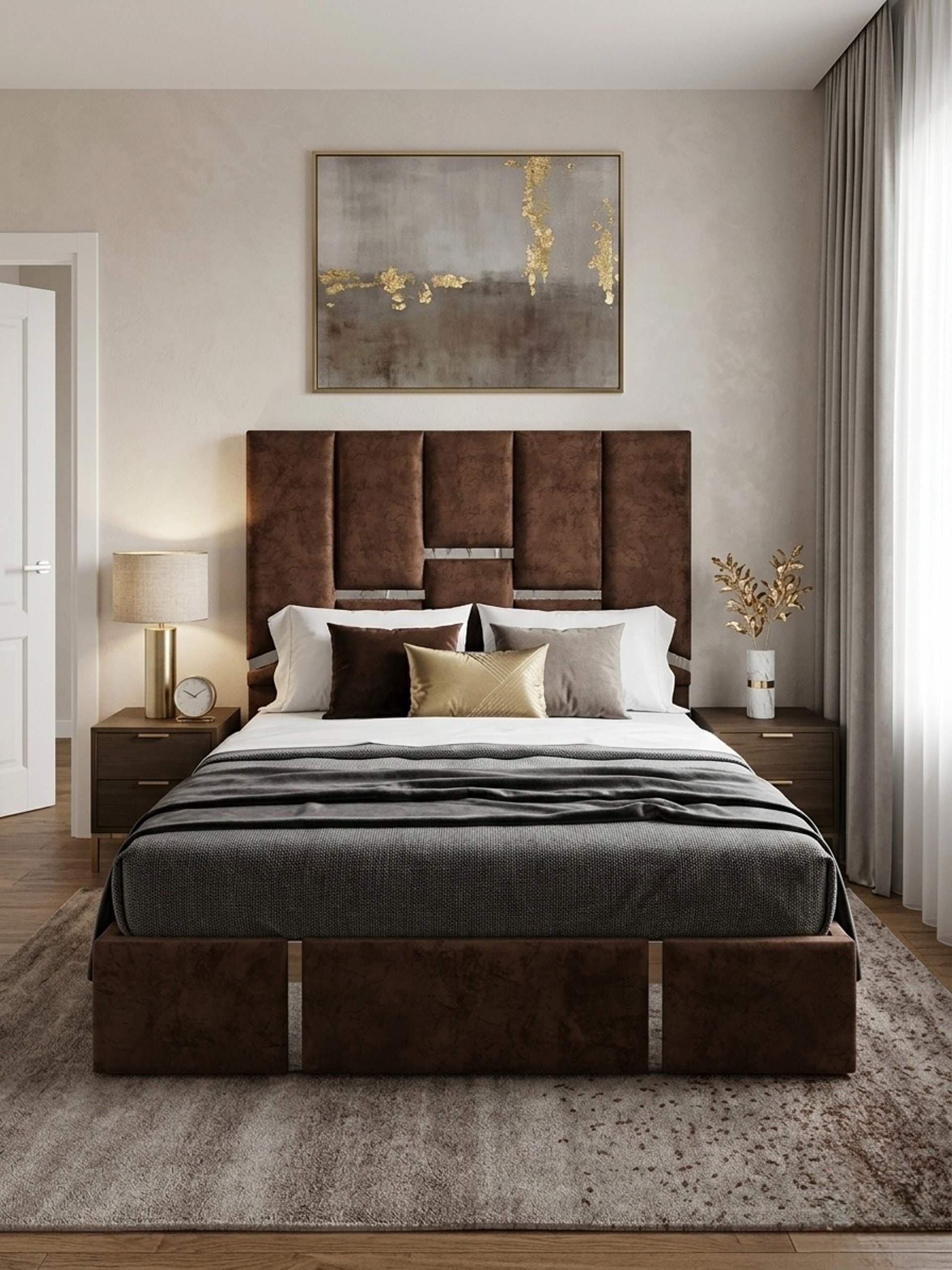 A neatly made bed with a patterned mattress and pillows.