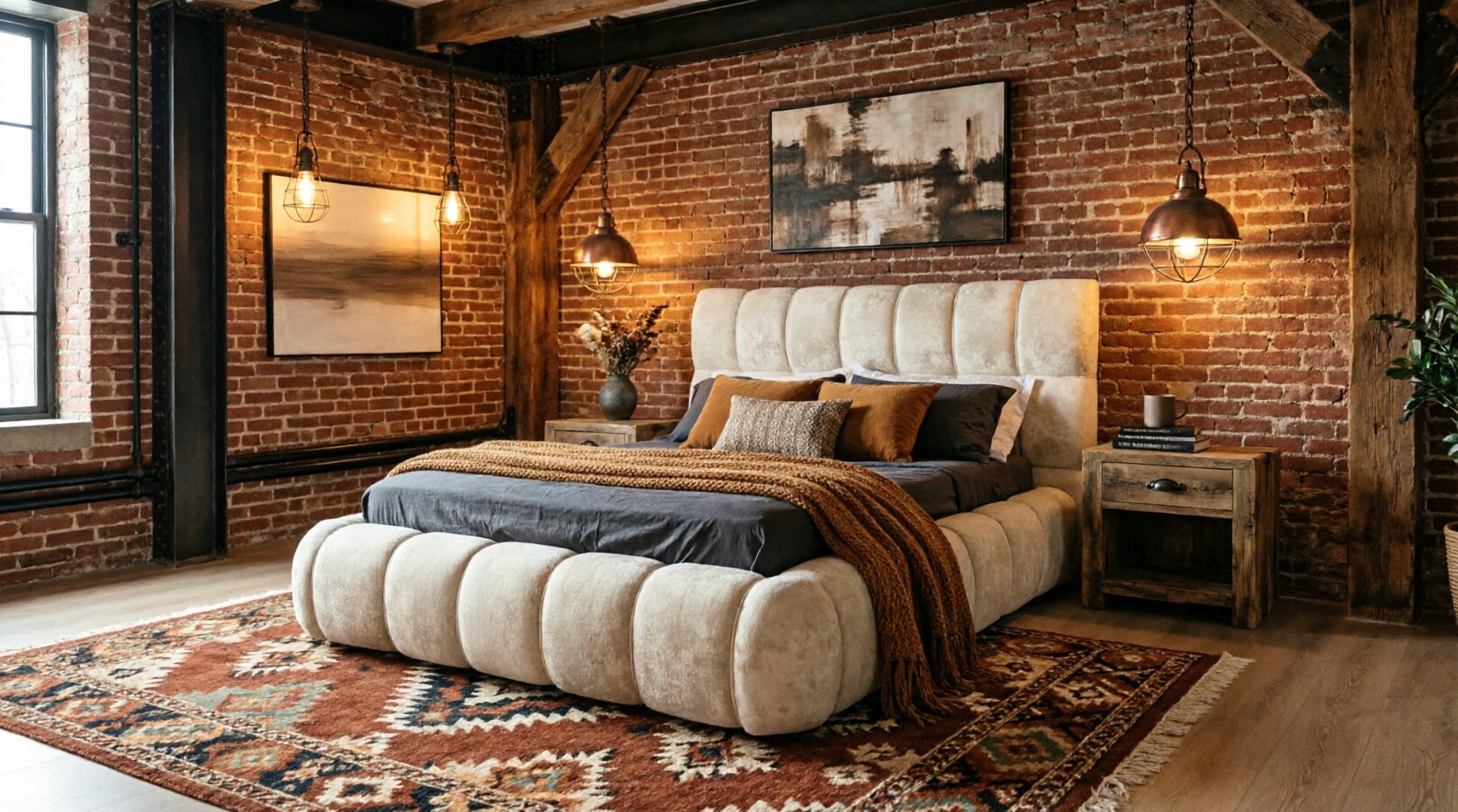 A neatly made bed with a patterned mattress and pillows.