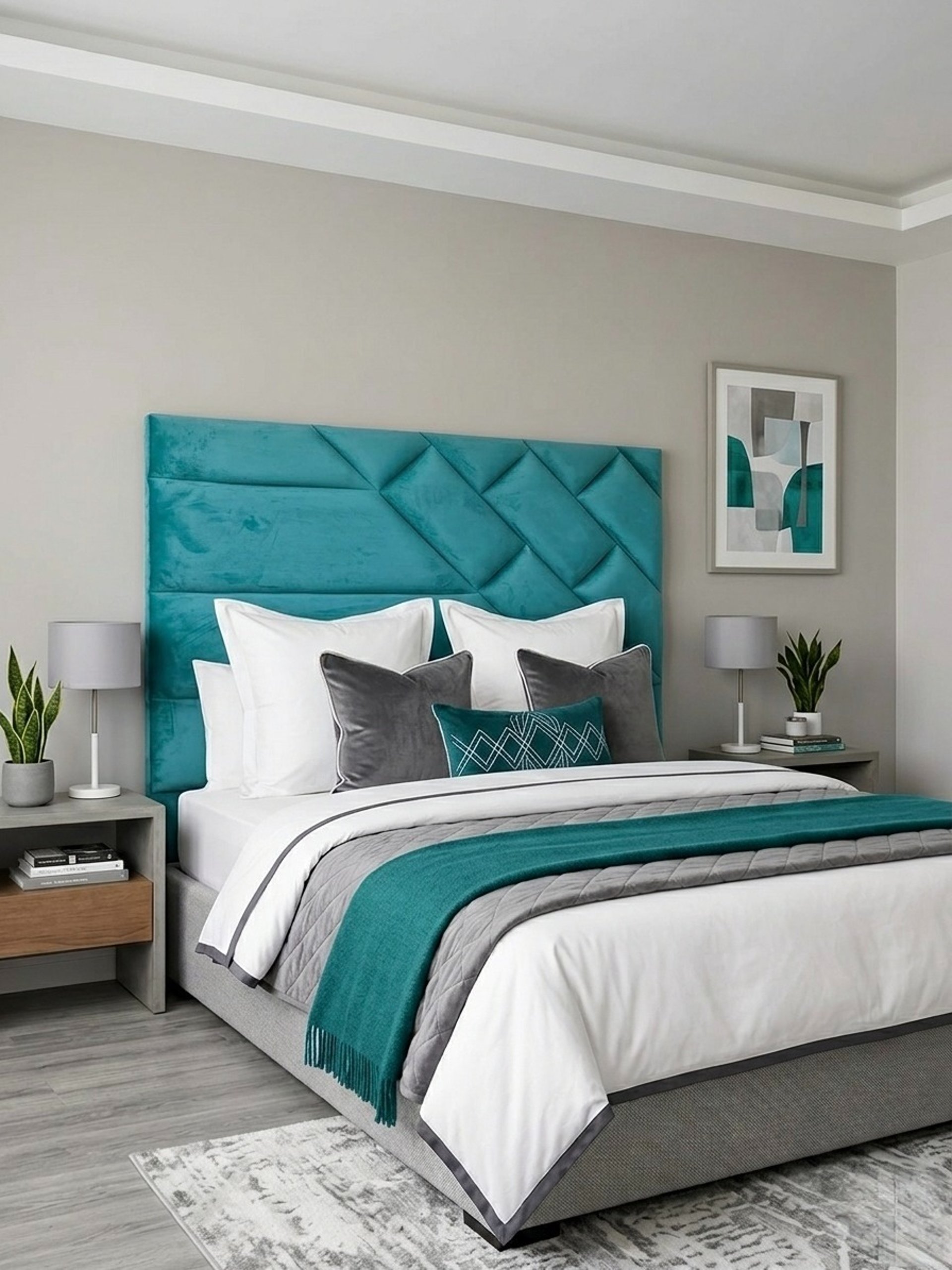 a bedroom with a large bed and two lamps