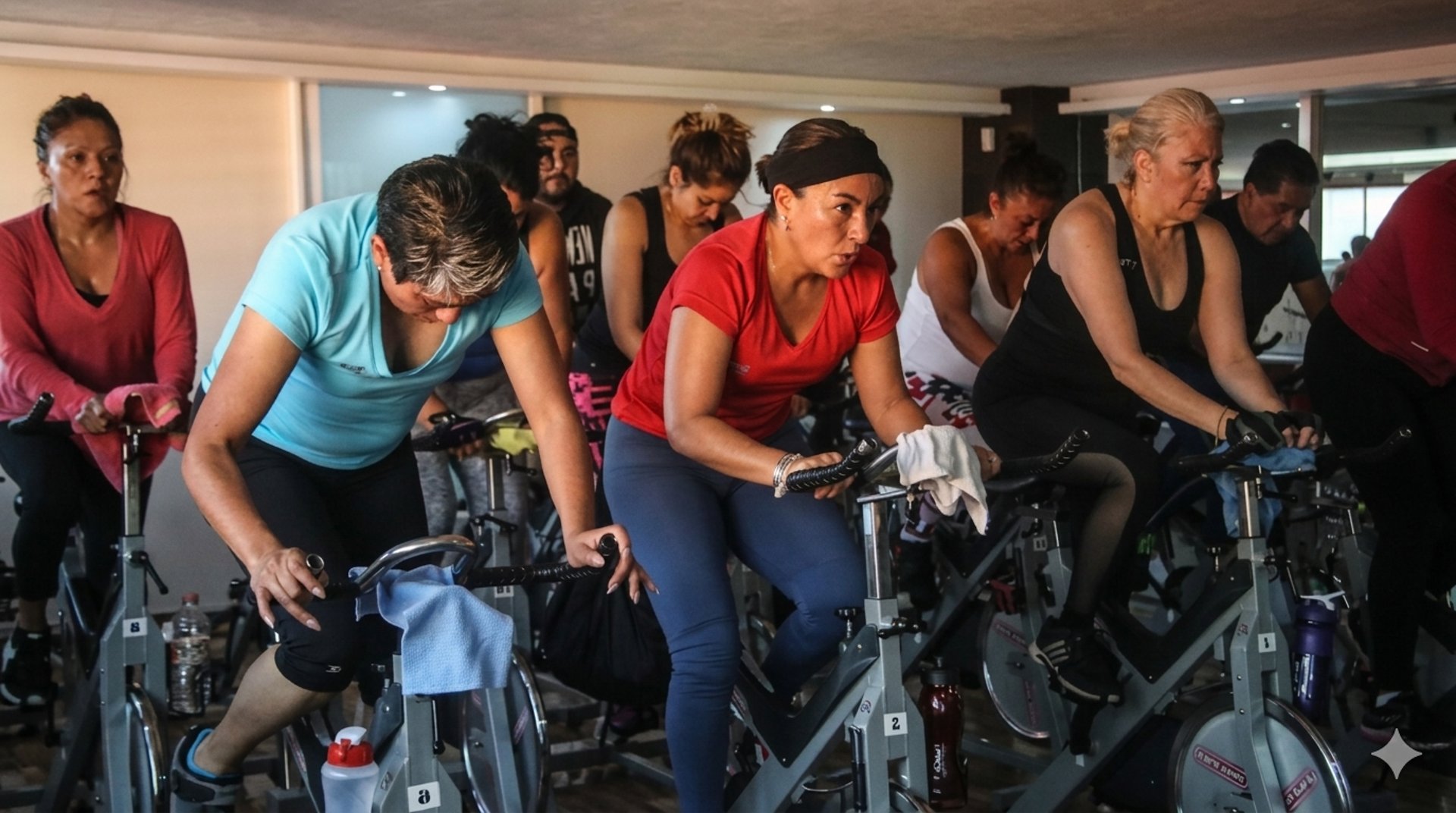 woman standing surrounded by exercise equipment