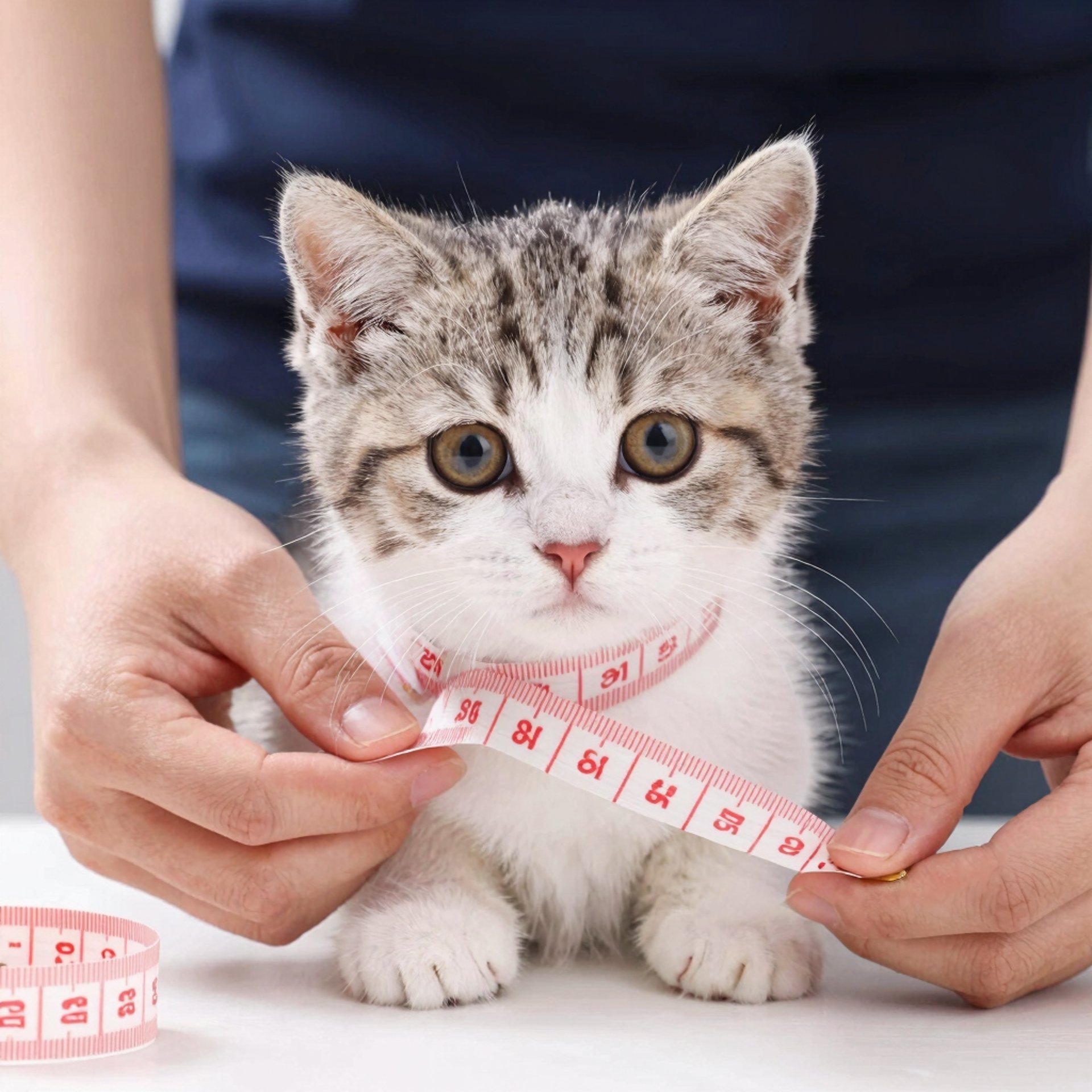 Persona tomándole medidas a un gatito pequeño