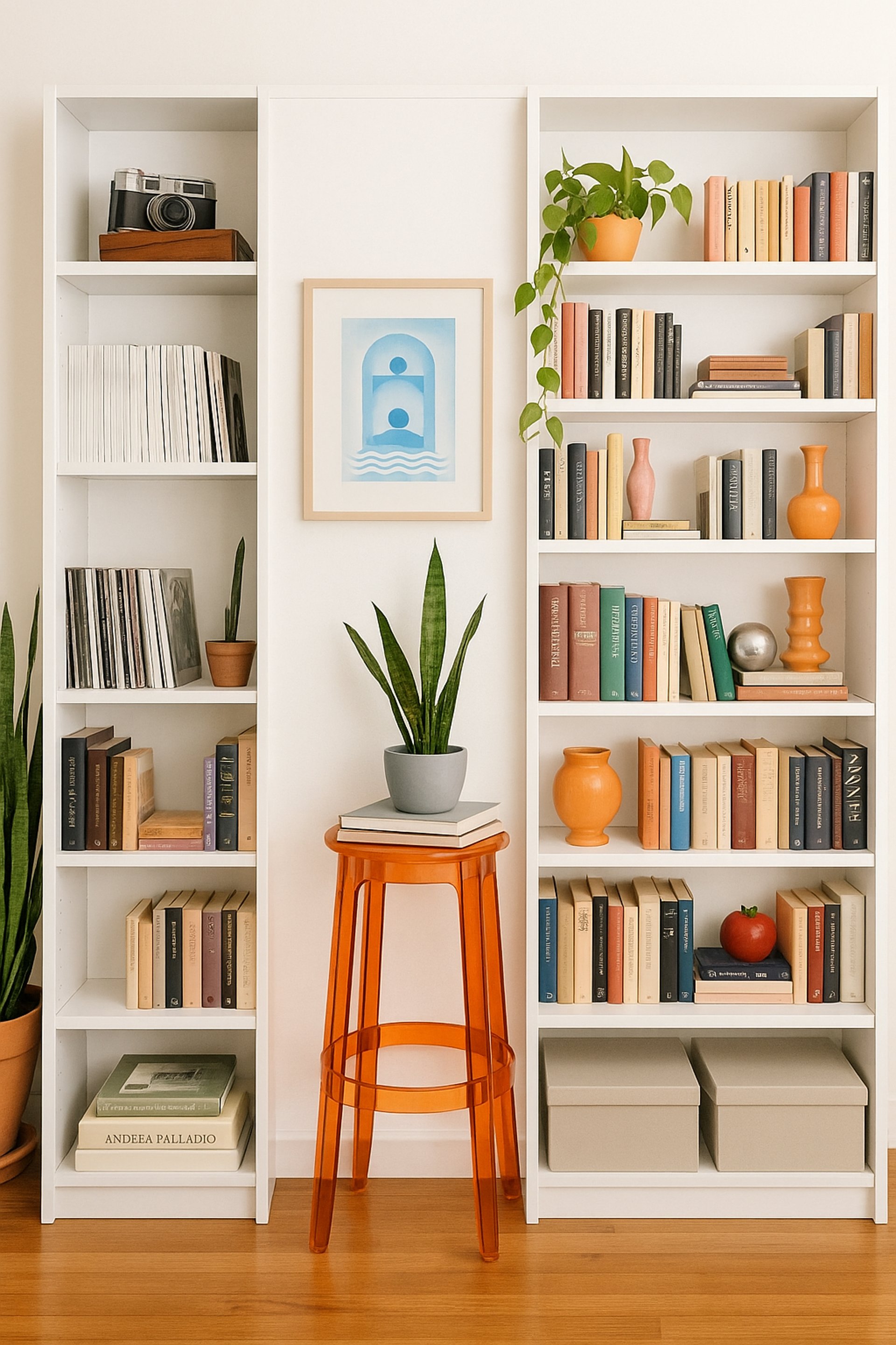 books on white wooden shelf