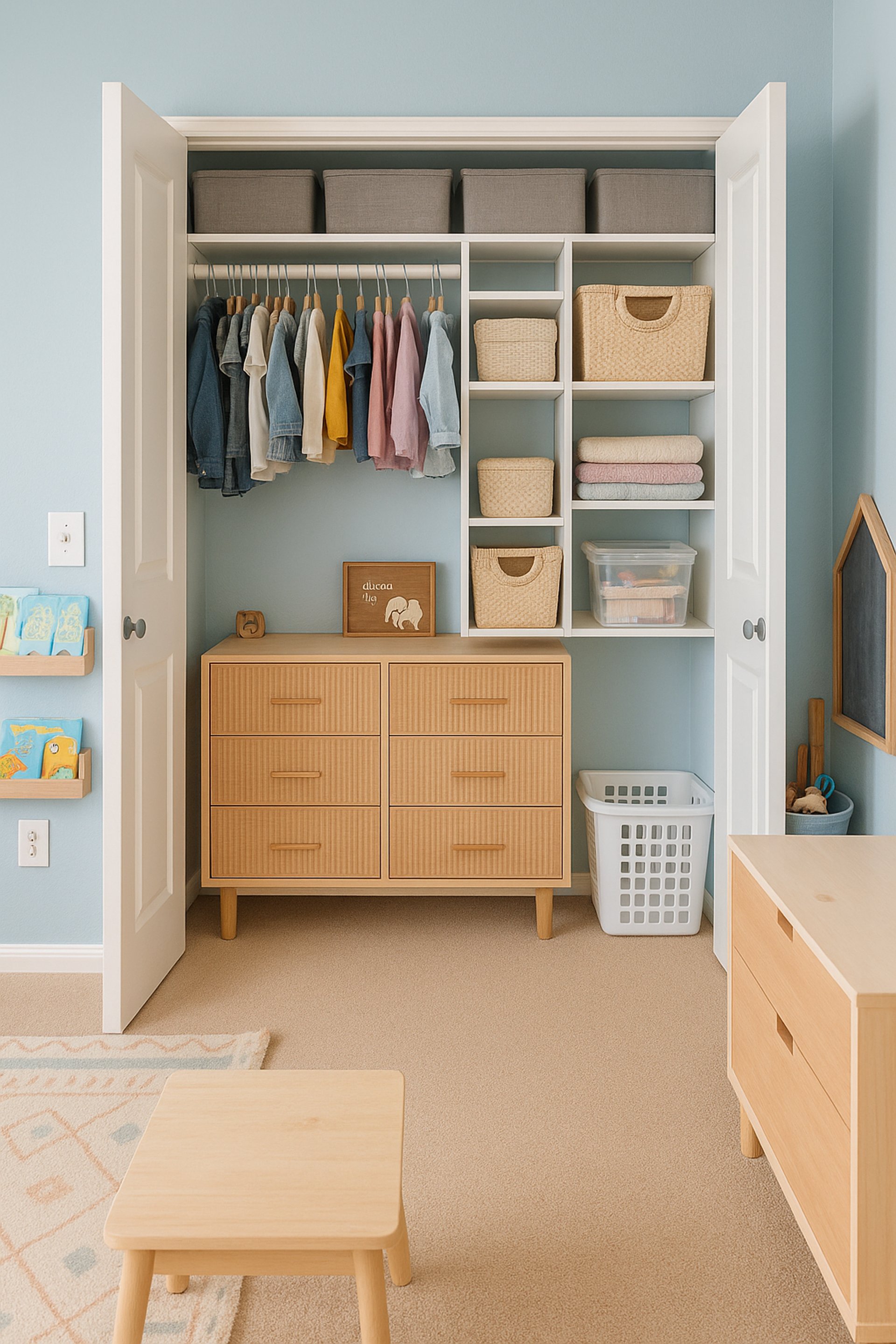 A child's bedroom with a bed, desk, and chair