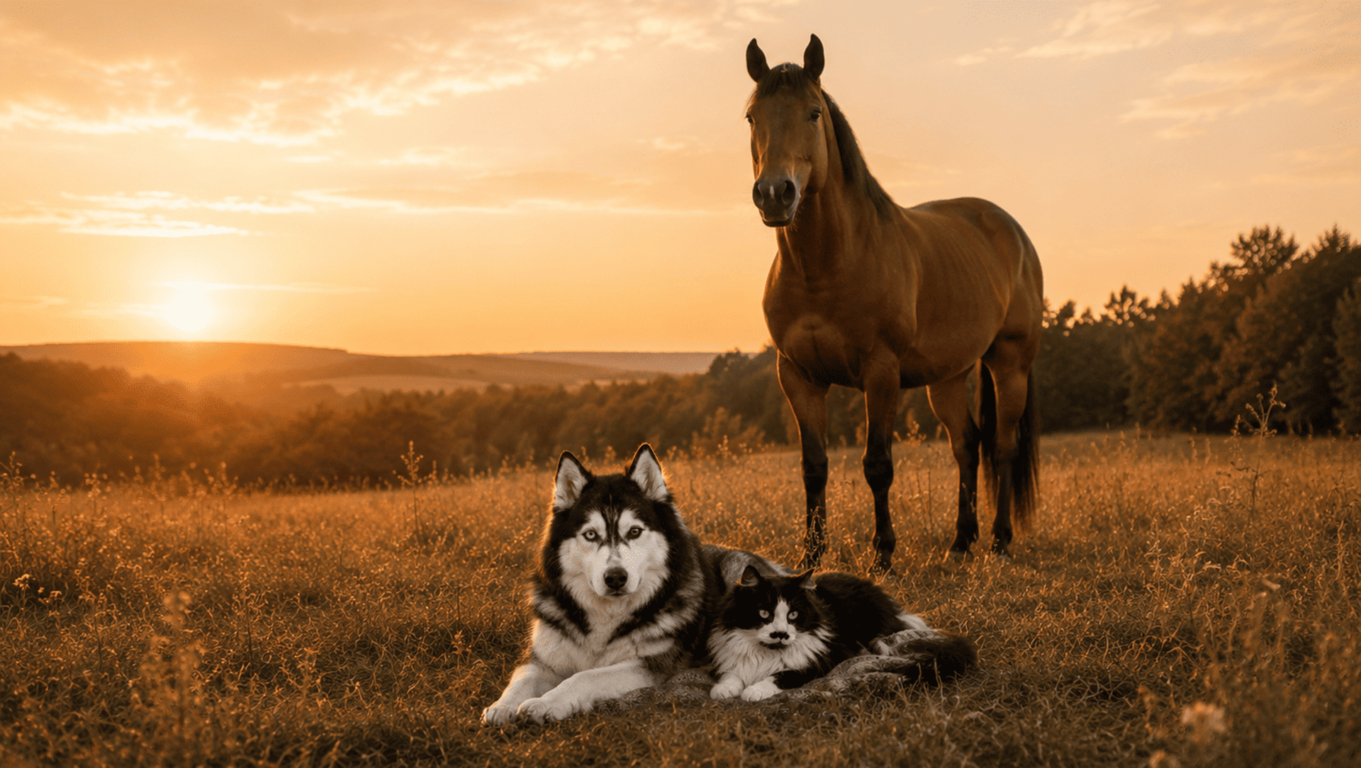 Lypsie la chienne husky, Jacks le chat et Camel le cheval, les animaux de JaLyCa, sont dans une prairie au coucher du soleil.