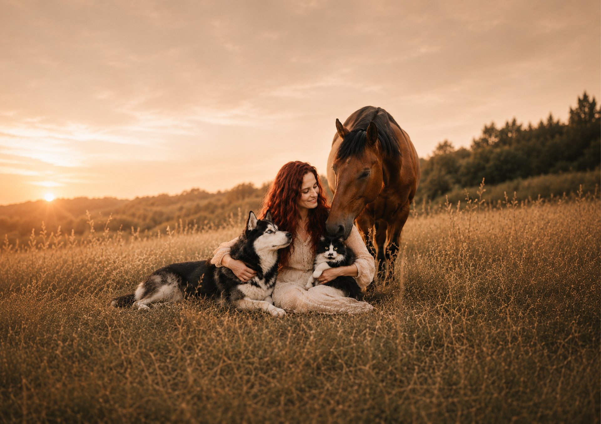 Marion, créatrice de Jalyca, entourée de son chien, son chat et son cheval dans une prairie baignée par le coucher du soleil.