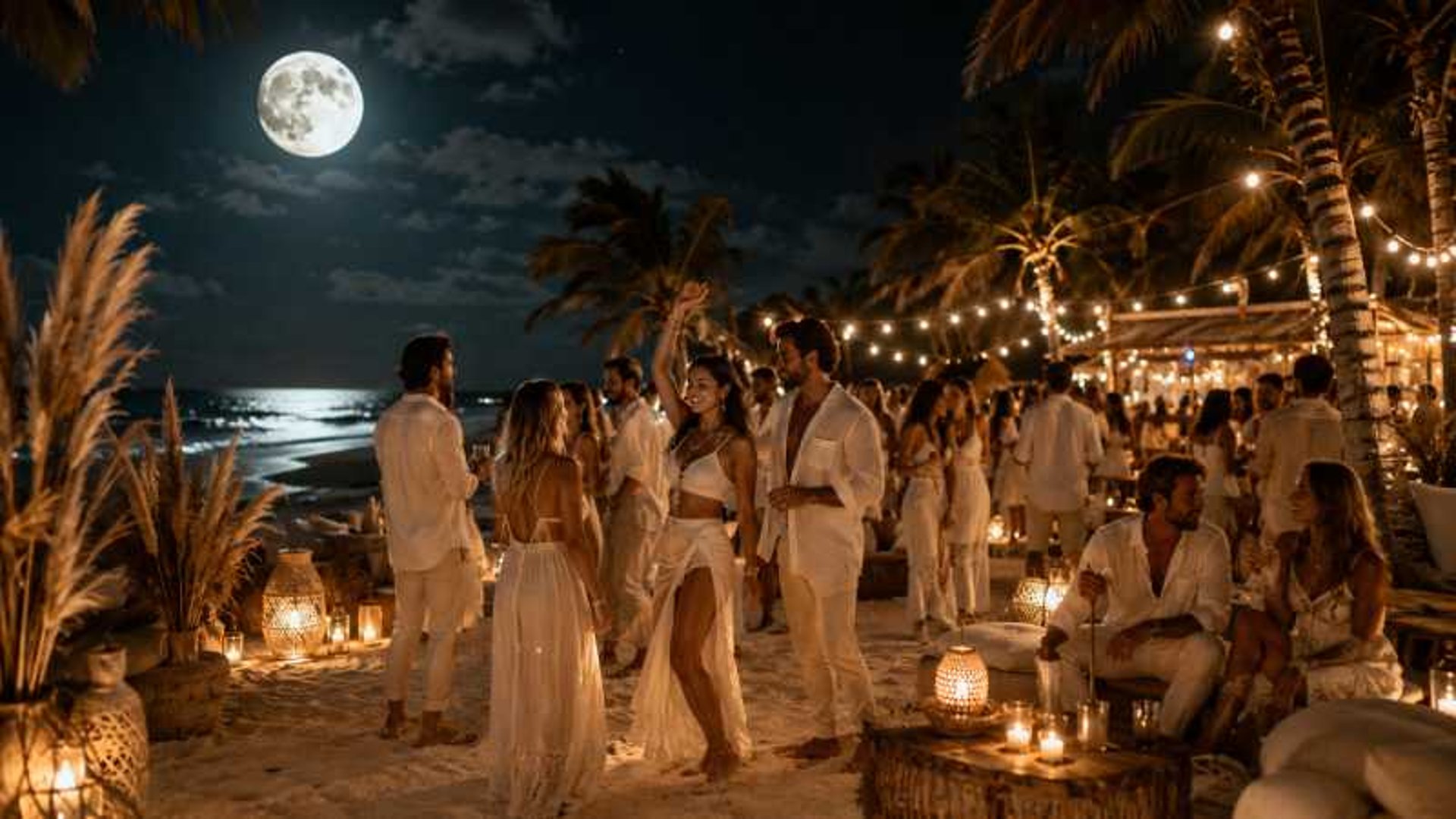 personas vestidas de blanco en un full moon party