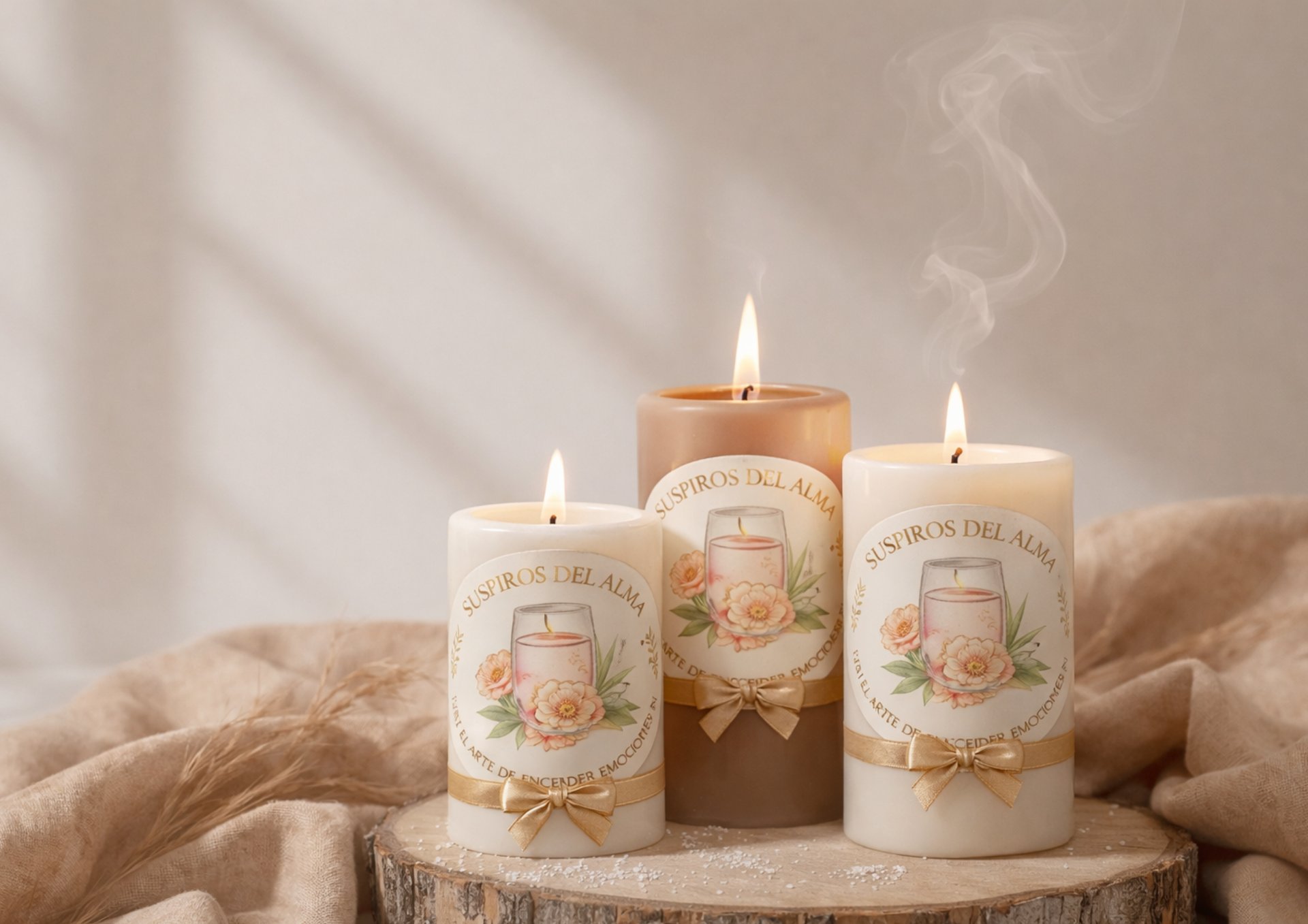 white pillar candles on brown wooden table