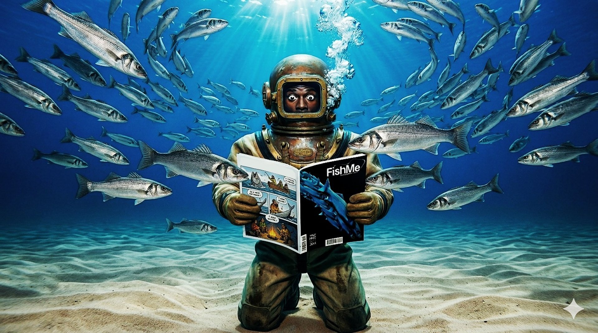 Scaphandrier lisant FishMe Magazine au fond de l'océan — magazine de pêche par Enzo Minardi