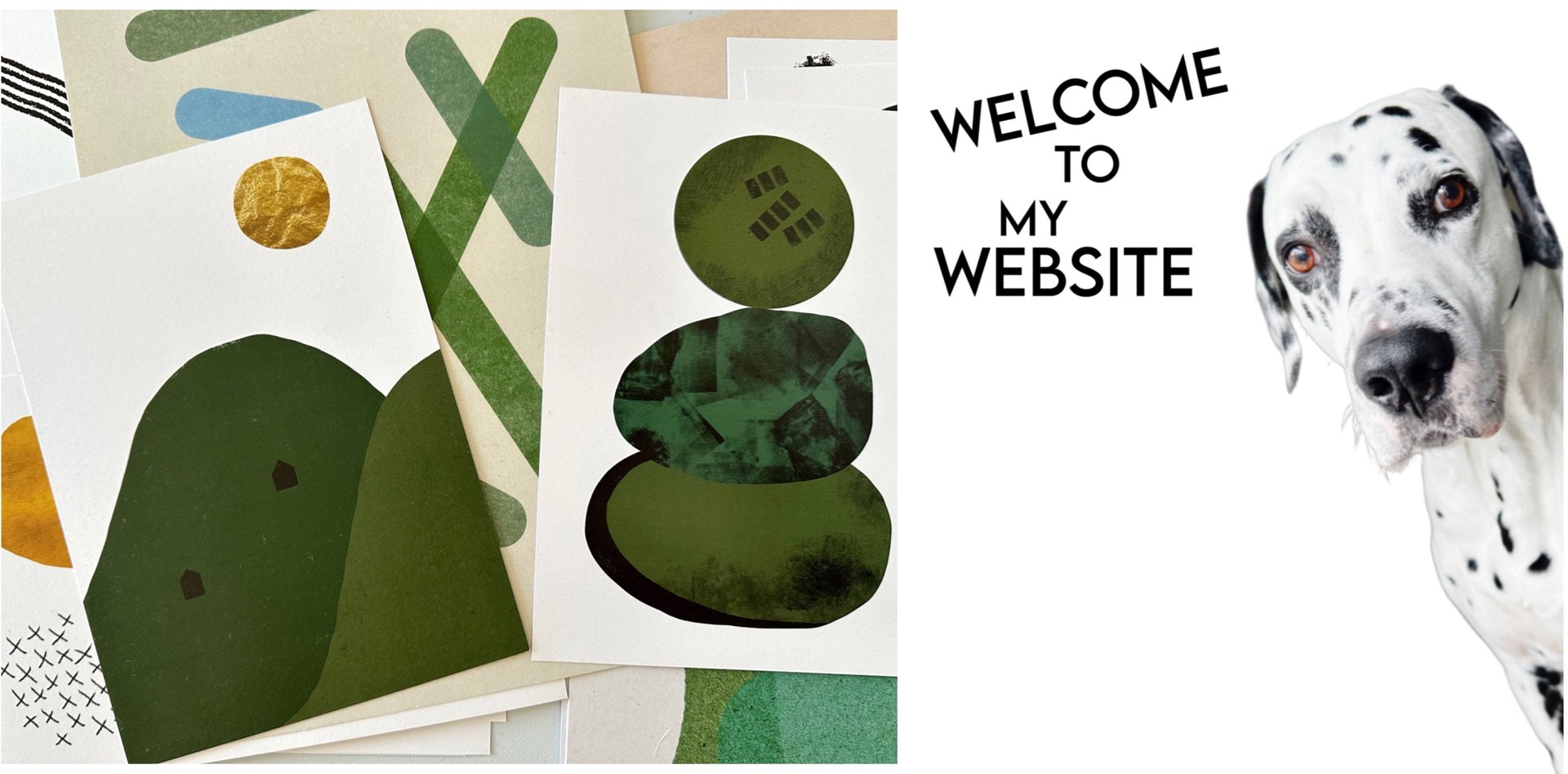 left photo abstract prints, right dalmatian says welcome to my website