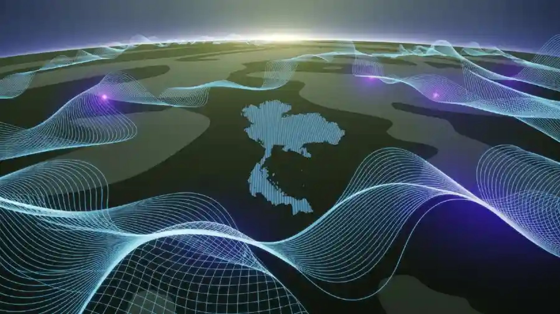 Digital visualization of Thailand with flowing blue waveforms and glowing indigo nodes, representing global connectivity in p