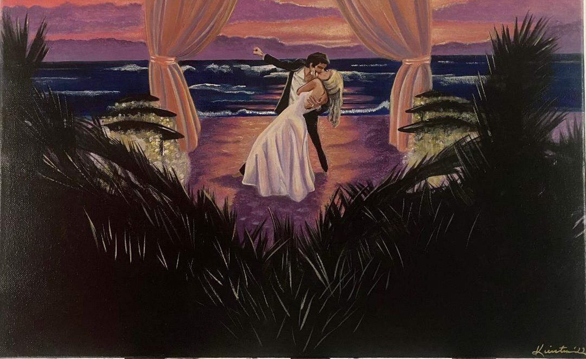 Custom wedding portrait painting on beach at dusk