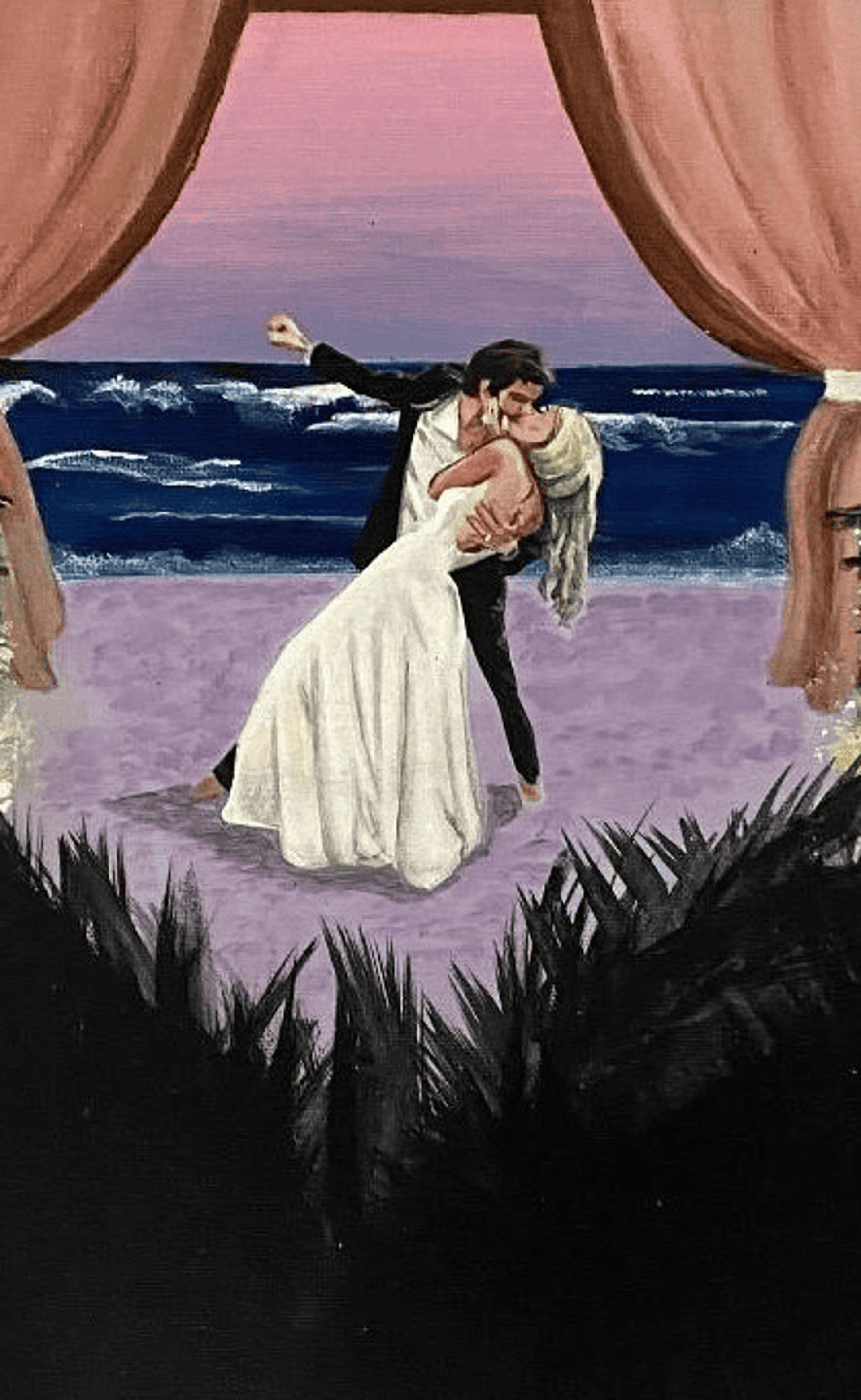 Custom wedding portrait painting on beach at dusk
