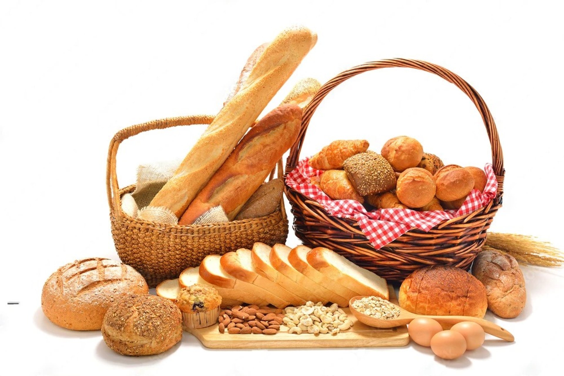 brown bread on red and white textile