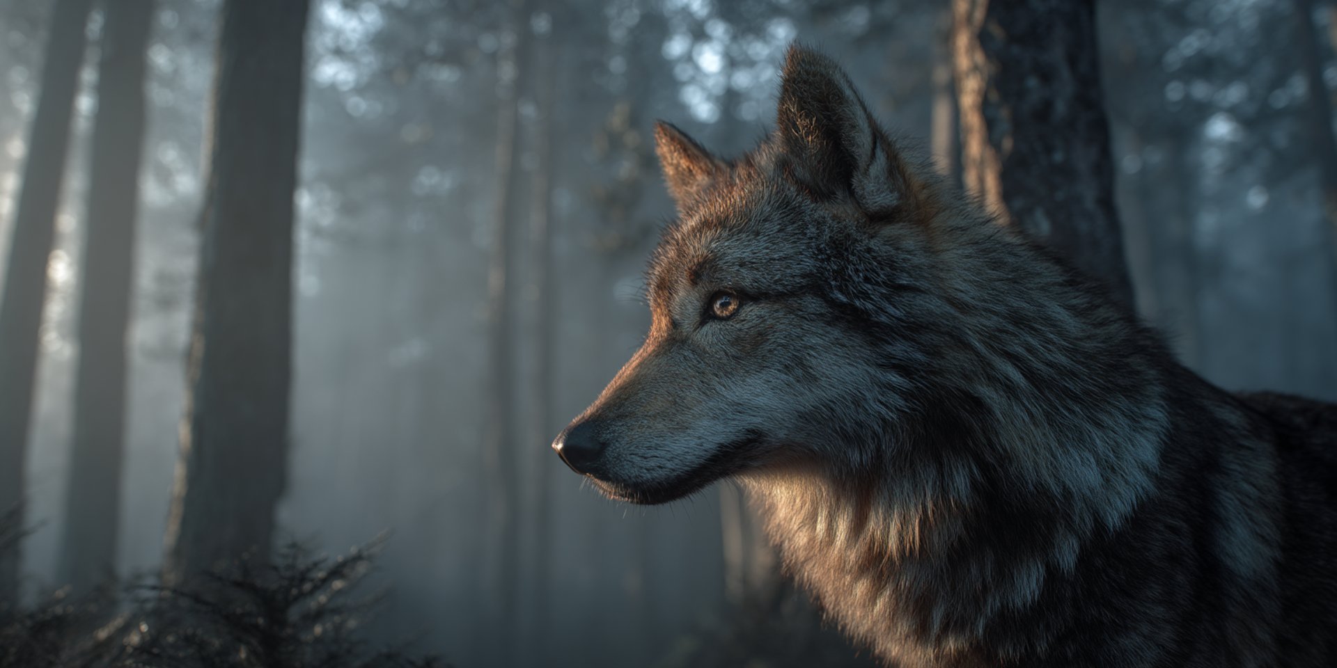 Wilk stojący w lesie – symbol dzikiej natury, instynktu przetrwania i połączenia człowieka z przyrodą