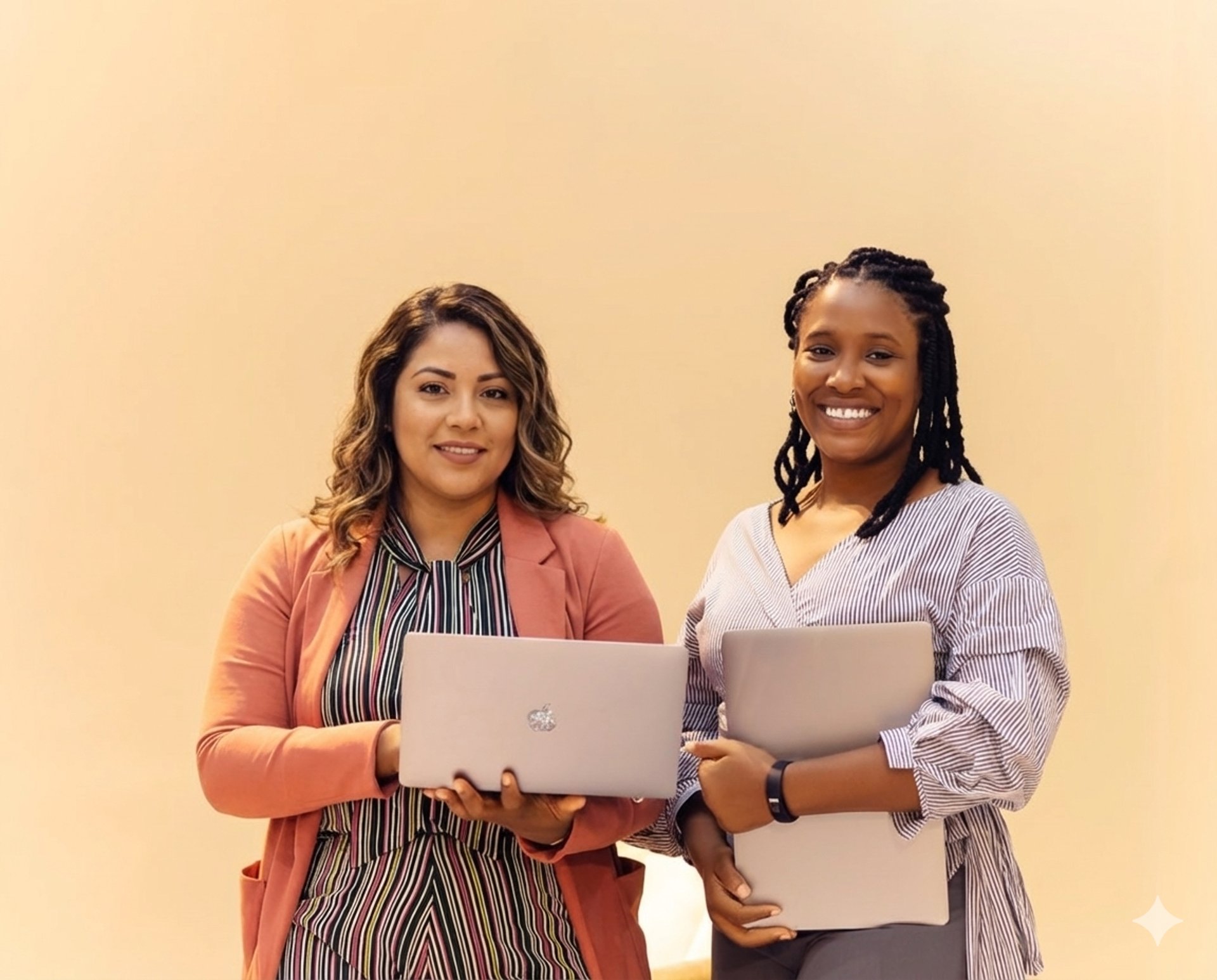 Two women standing next to each other holding laptops