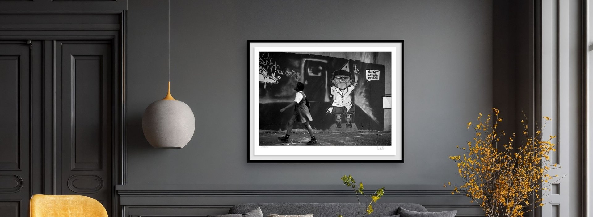 Black-and-white fine art print from Martin Osner’s “On the Move” collection displayed in a modern interior.