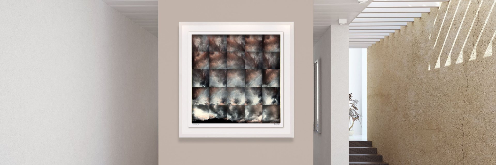 Abstract photographic collage by Martin Osner displayed in a white frame on a neutral wall in a modern interior