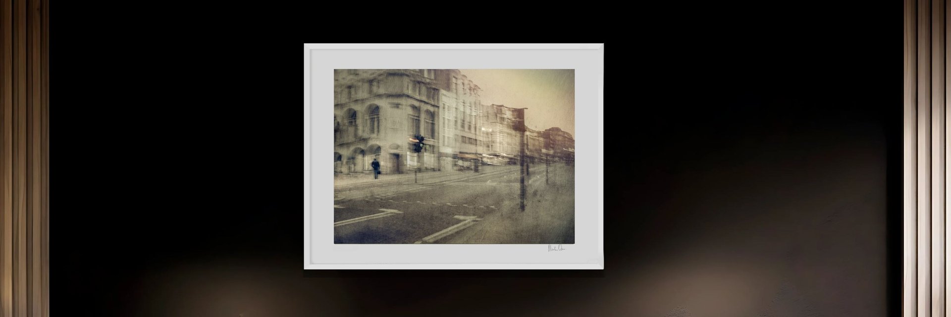 Framed fine art photograph by Martin Osner depicting an abstract urban street scene with blurred figures & historic building